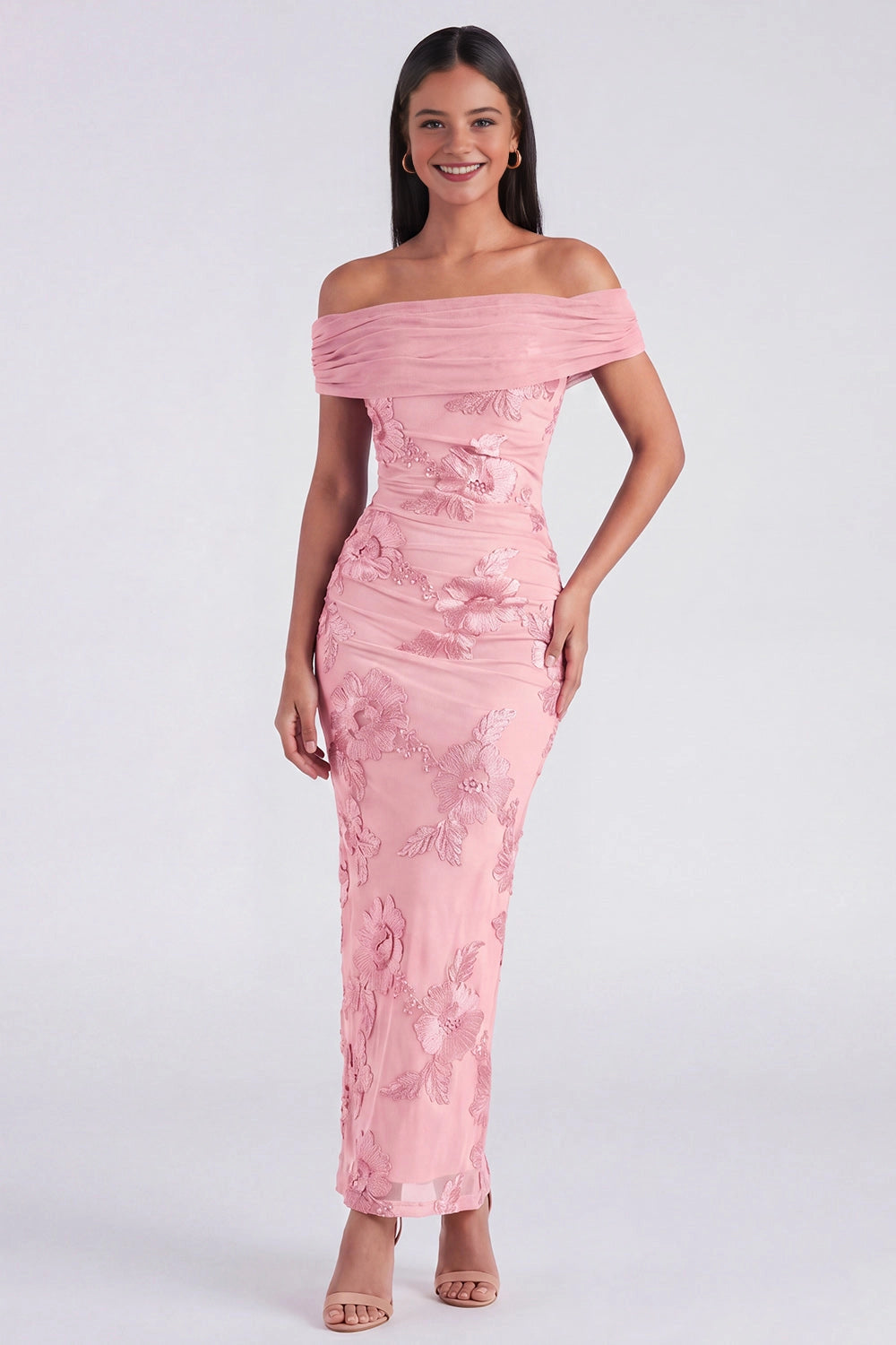 Embroidered Sheath Off-shoulder Sleeveless Zip Back Maxi Wedding Guest Dress