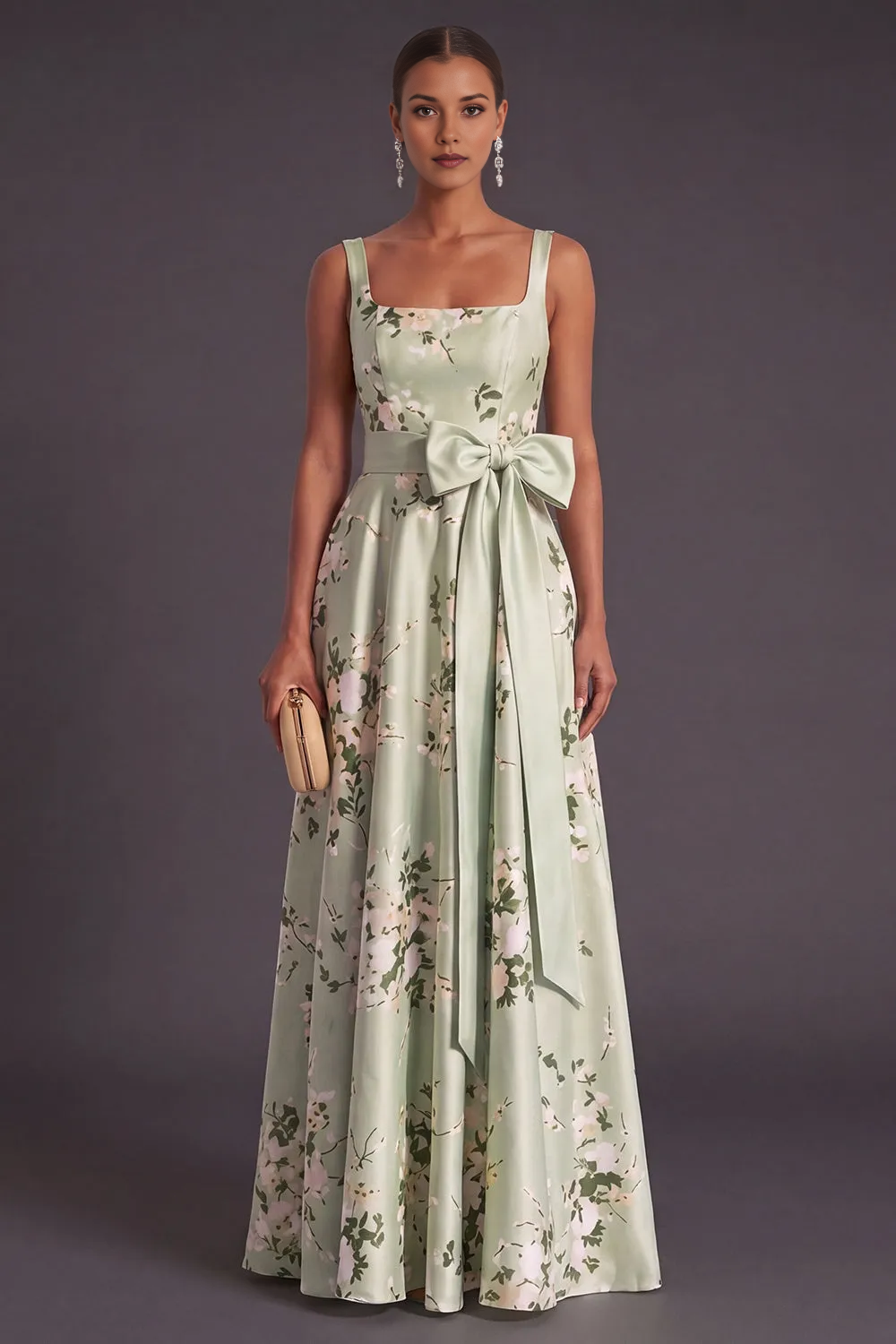 Square Neck Spaghetti Strap Floral Print Satin A-Line Maxi Dress with Big Sash Bow