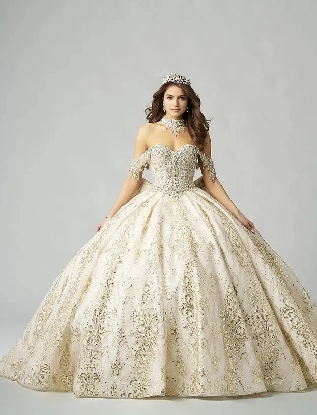 Sparkle Ball Gown Sweetheart Off Shoulder Open Back Train Quinceañera Dress