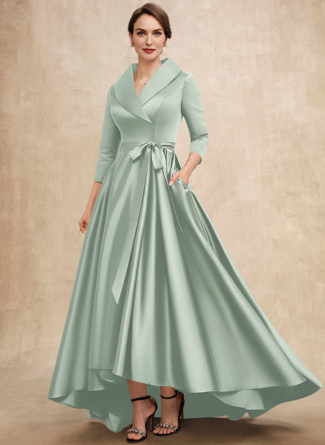 Formal A‑Line Lapel V‑Neck 3/4 Sleeve Zipper Back High‑Low Mother Of The Bride Dress