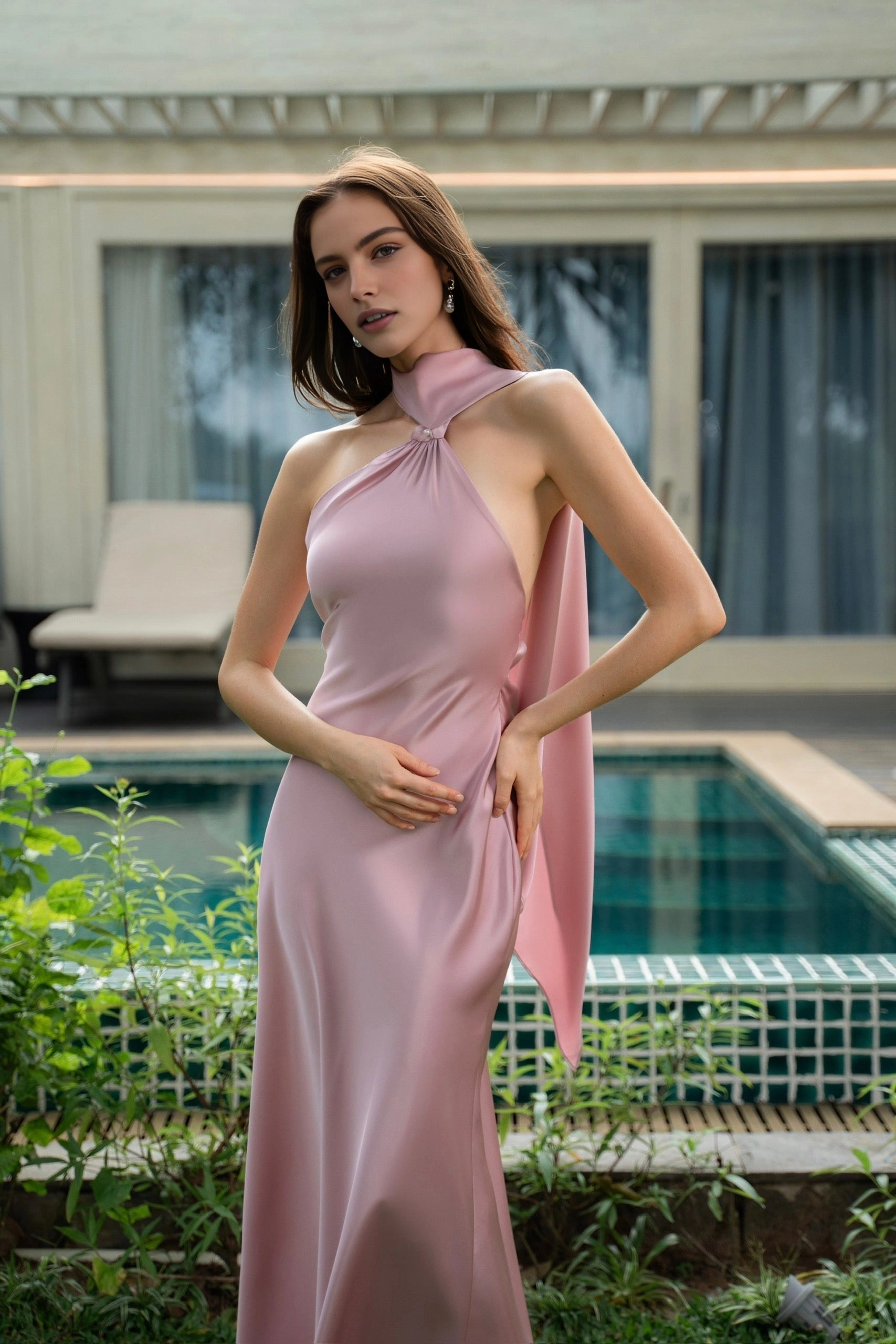 Mermaid Satin One‑Shoulder Halter Sash‑Back Floor‑Length Prom Dress