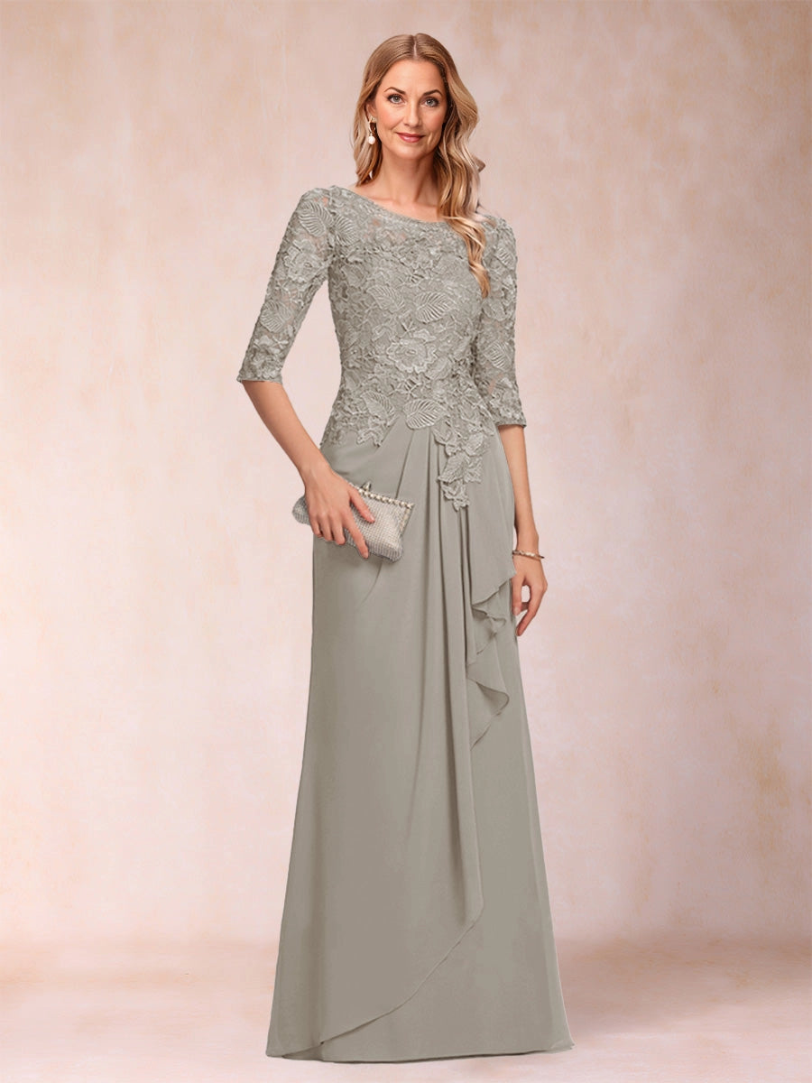 Elegant A Line Bateau Neck 3/4 Sleeve Zipper Back Floor Length Mother Of The Bride Dress