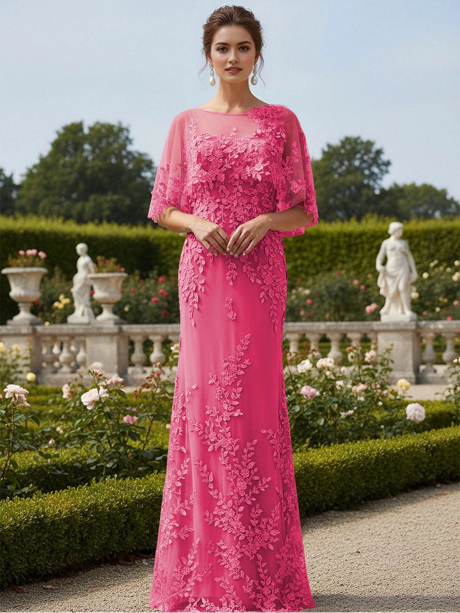 Luxury Mermaid Bateau‑Neck Cape‑Sleeve Sheer‑Back Maxi Mother Of Bride Dress