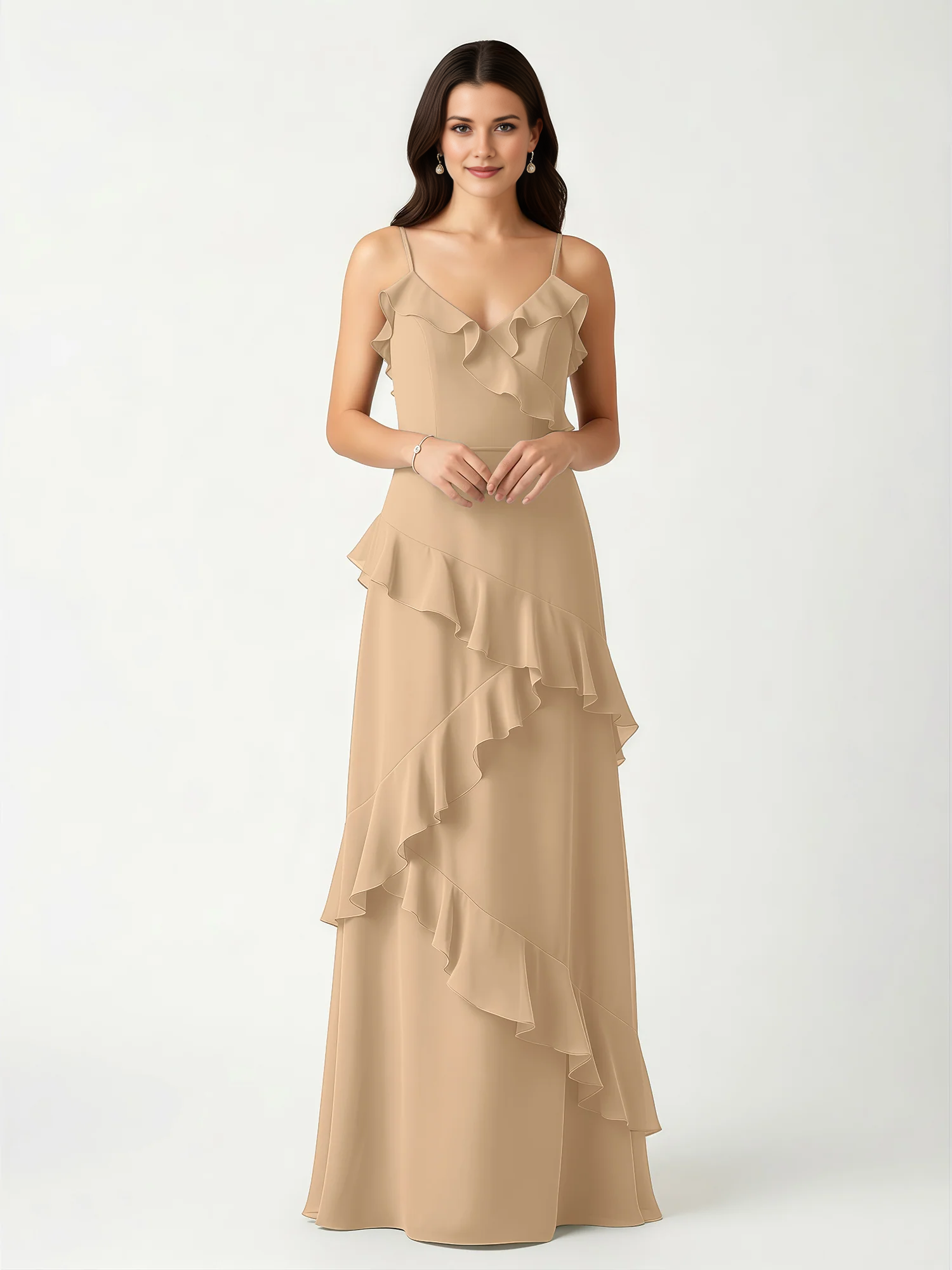 Vestido largo de dama de honor de chifón con cuello de pico, tirantes finos y volantes asimétricos