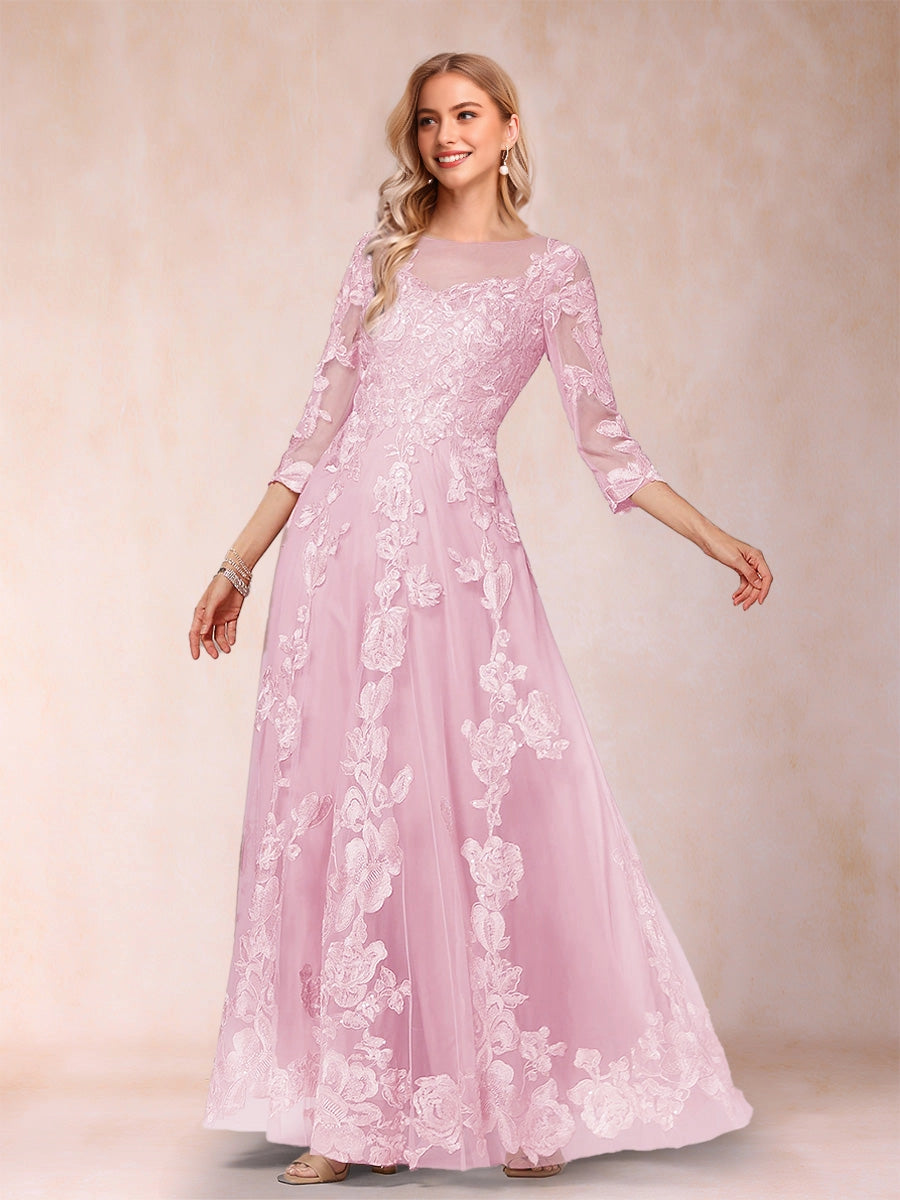 Romantic A‑Line Illusion Round‑Neck 3/4‑Sleeve Keyhole‑Zip‑Back Floor‑Length Mother Of The Bride Dress
