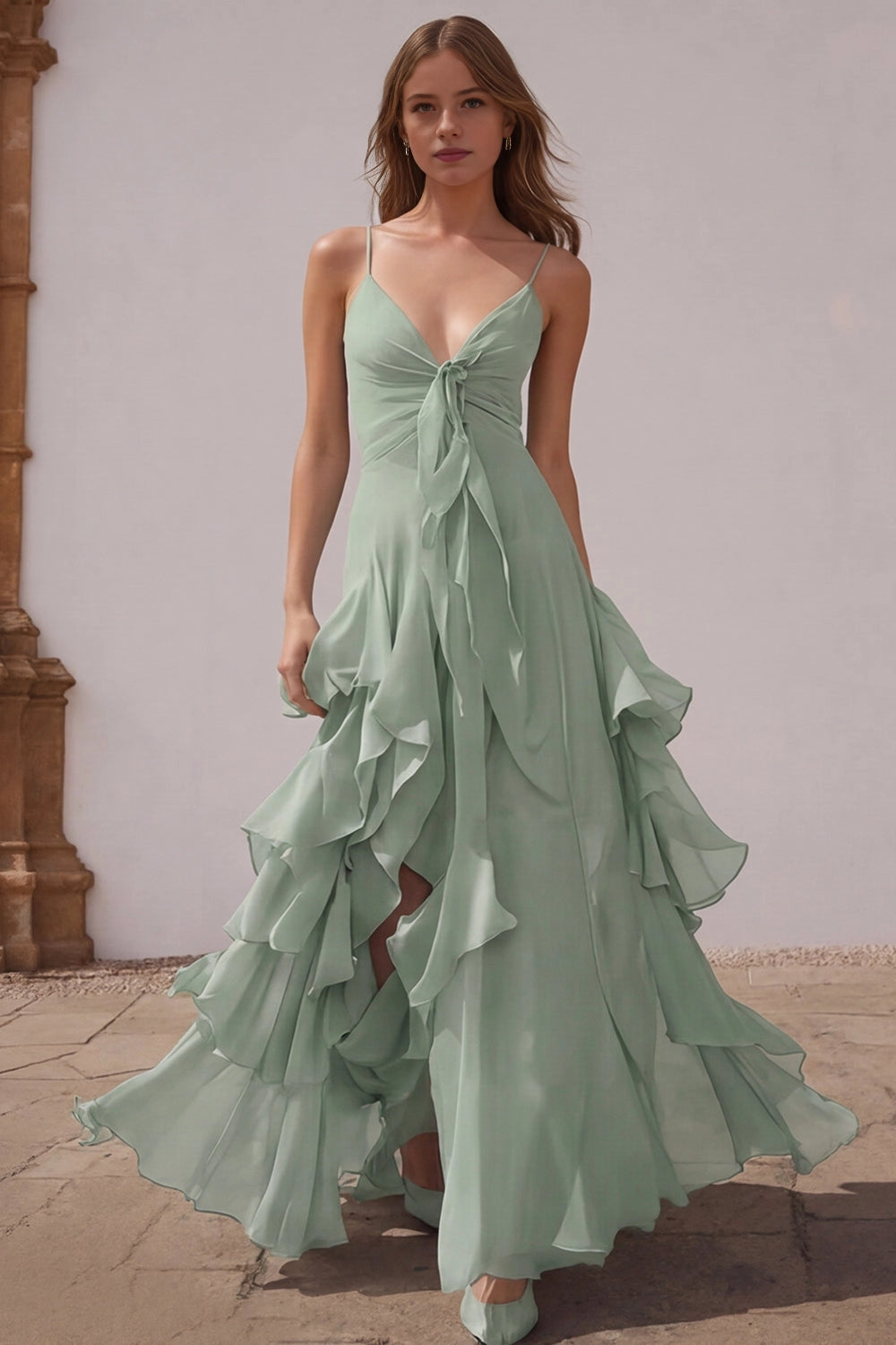 Airy A Line V Neck Straps Zip Back Ruffle Slit Maxi Wedding Guest Dress 
