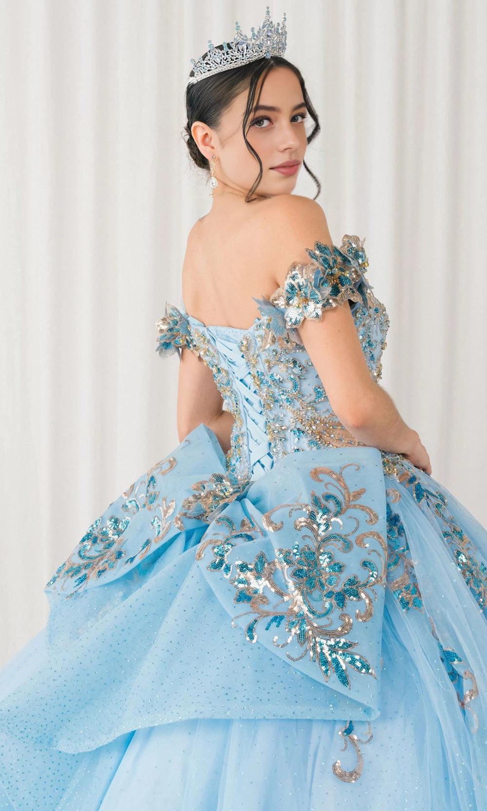 Glam Ball Gown Off‑Shoulder Floral Sleeve Lace‑Up Back Sweep Train Quinceanera Dress