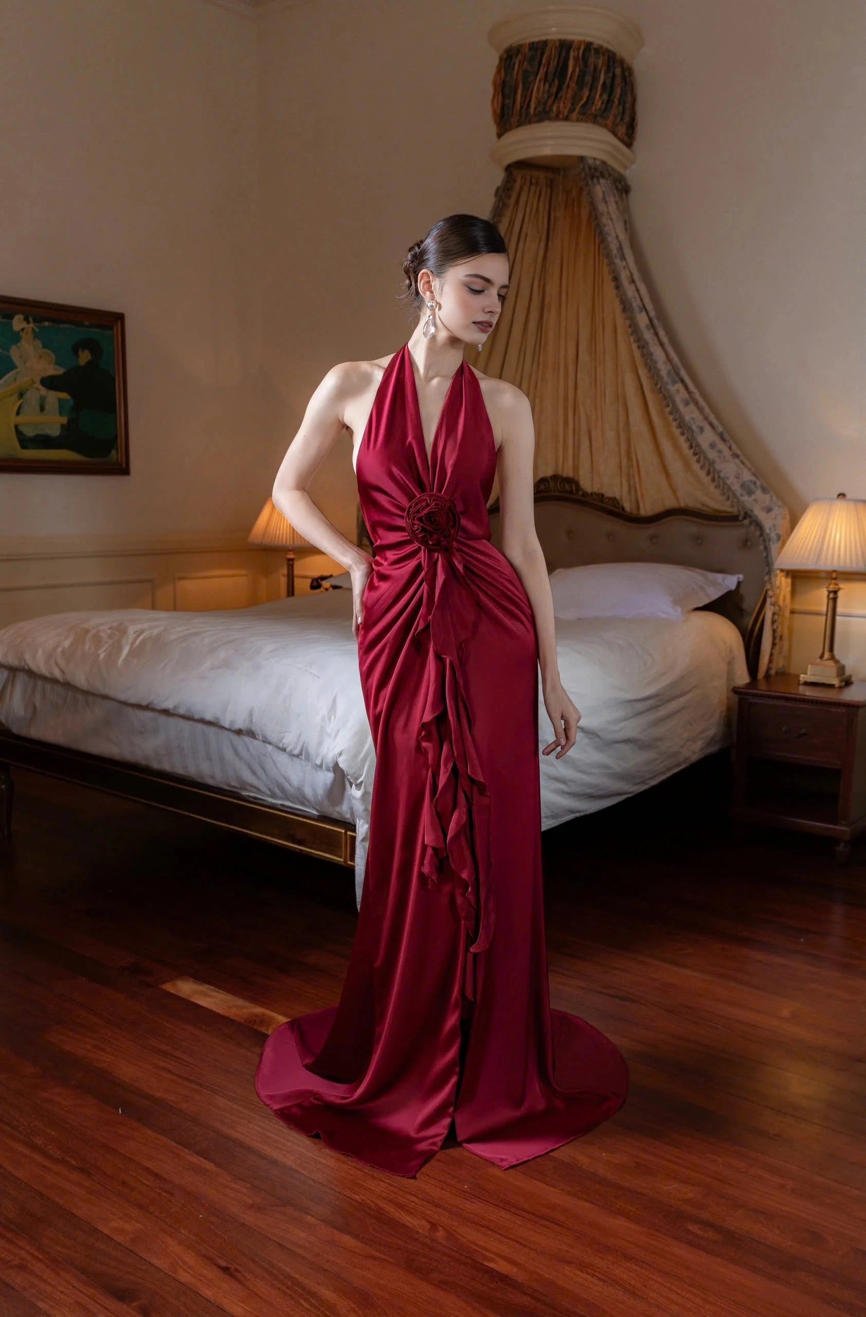Slit Mermaid Satin Halter‑Neck Flower Ruffle Backless Maxi Prom Dress