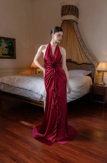 Slit Mermaid Satin Halter‑Neck Flower Ruffle Backless Maxi Prom Dress