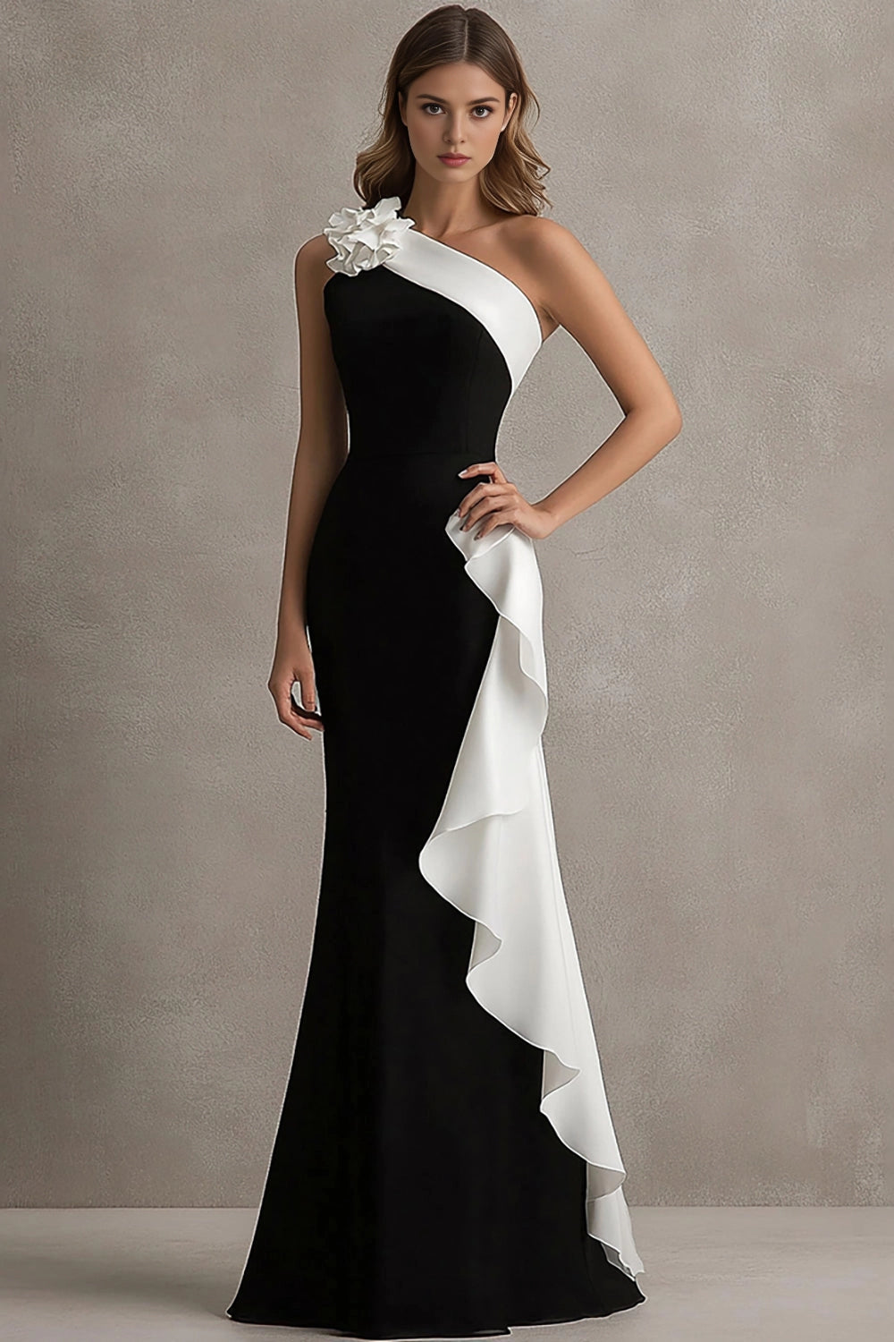 RoselleDress black white one shoulder long prom dress floral ruffle mermaid formal gown