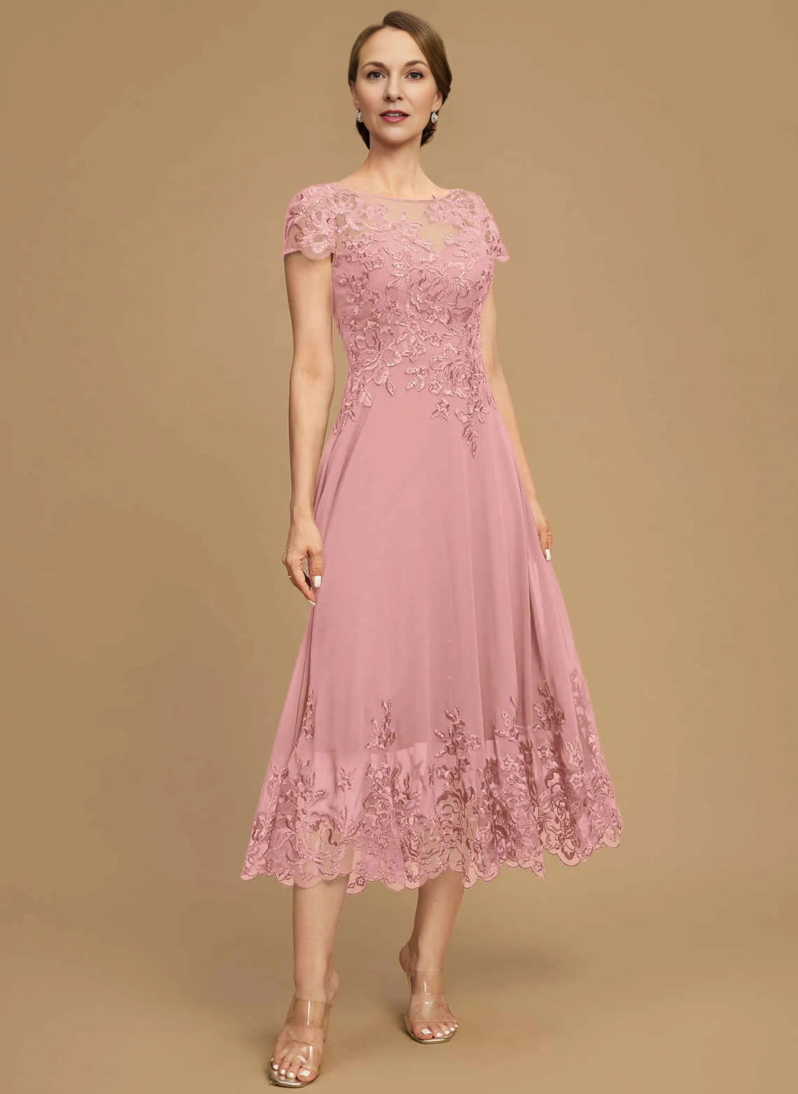 Classic A‑Line Illusion Neck Cap Sleeve Zipper Back Midi Mother Of The Bride Dress