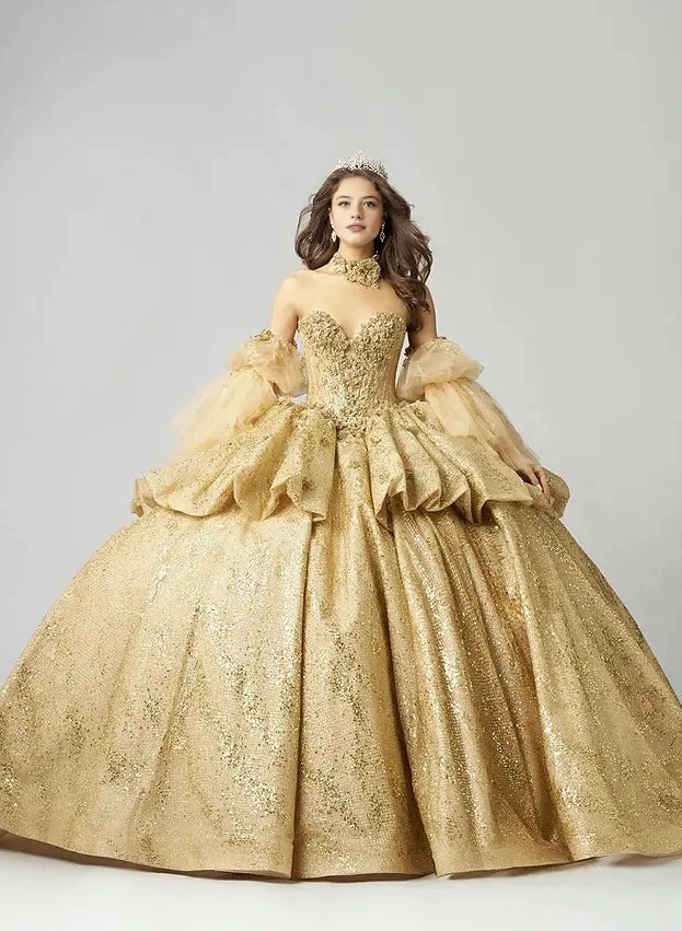 Sequined Ball Gown Sweetheart Off Shoulder Puff Sleeve Corset Train Quinceañera Dress