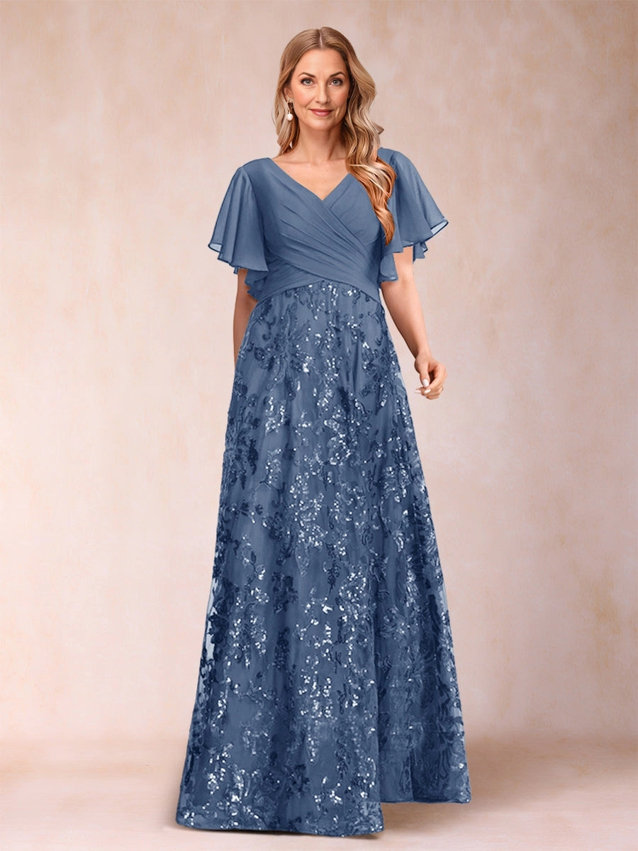 Elegant A Line V Neck Flutter Sleeve V‑Back Floor Length Mother Of The Bride Dress