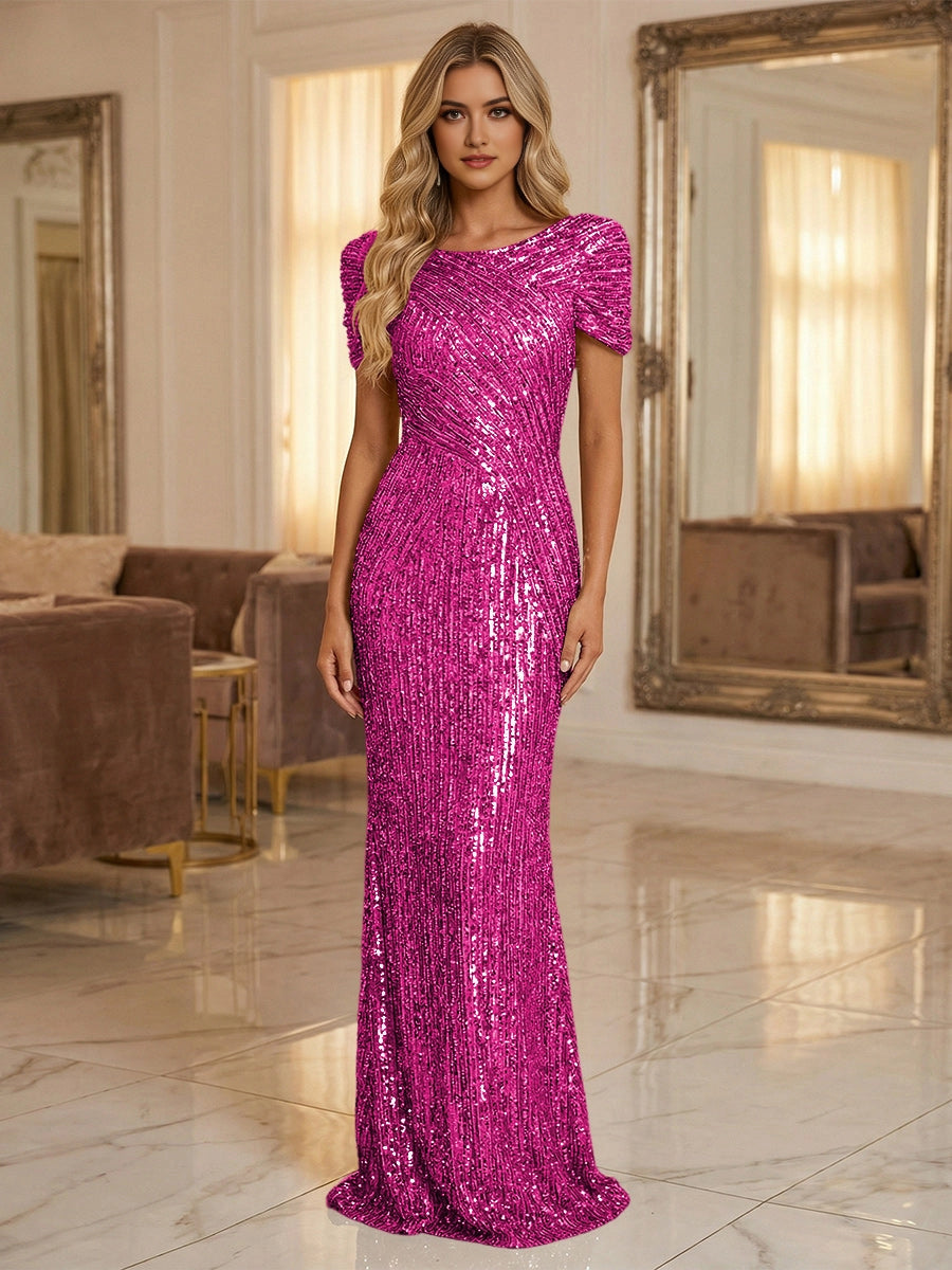 Luxury Mermaid Boat‑Neck Short‑Sleeve Zipper‑Back Full‑Sequin Floor‑Length Prom Dress