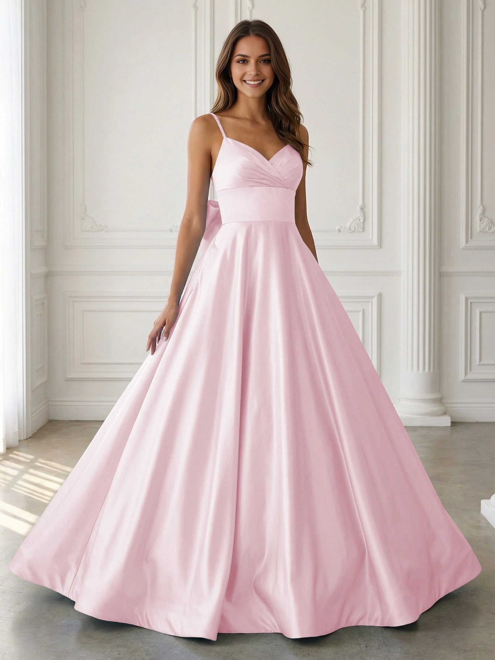 Elegant A‑Line V‑Neck Beaded‑Strap Sleeveless Bow‑Back Floor‑Length Prom Dress