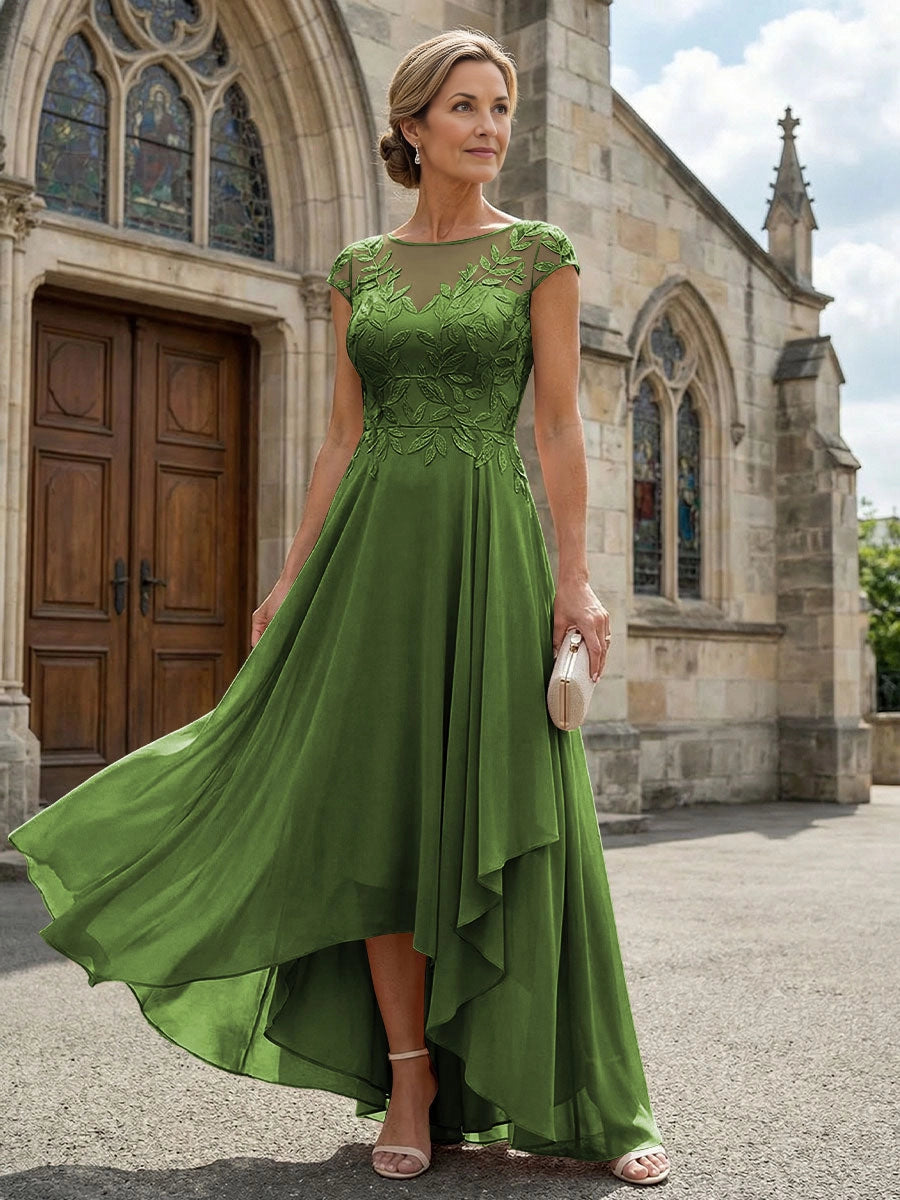Delicate A‑Line Illusion Neck Cap Sleeve V‑Back High‑Low Mother Of The Bride Dress