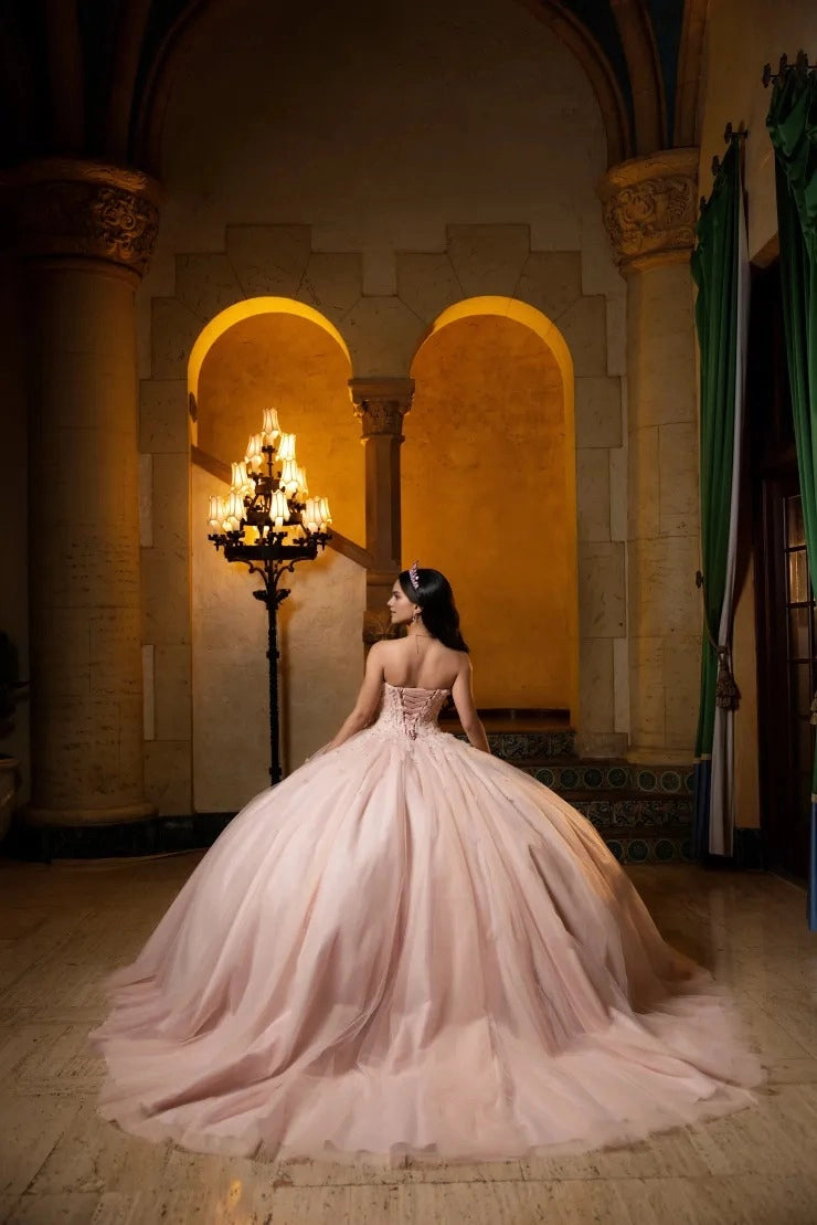 Blush Pink Ball Gown Off The Shoulder Puff Sleeves 3D Floral Appliques Lace Corset Back With Big Bow Quinceanera Dress