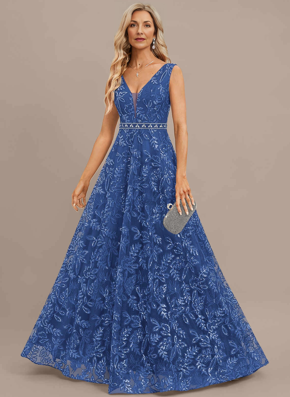 Luxury A‑Line V‑Neck Sleeveless V‑Back Floor‑Length Mother Of The Bride Dress