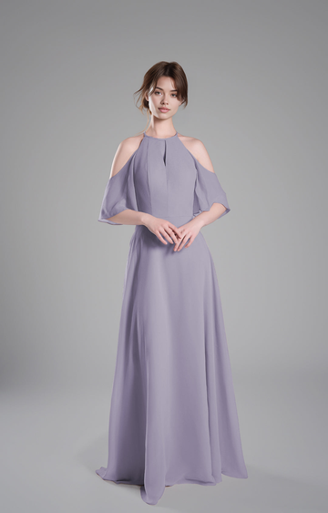 Elegant A-Line Halter Cold Shoulder Short Sleeve Open Back Chiffon Floor-Length Bridesmaid Dresses