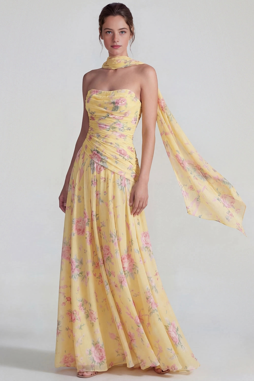 Floral A-line Strapless Sleeveless Open Back Maxi Wedding Guest Dress