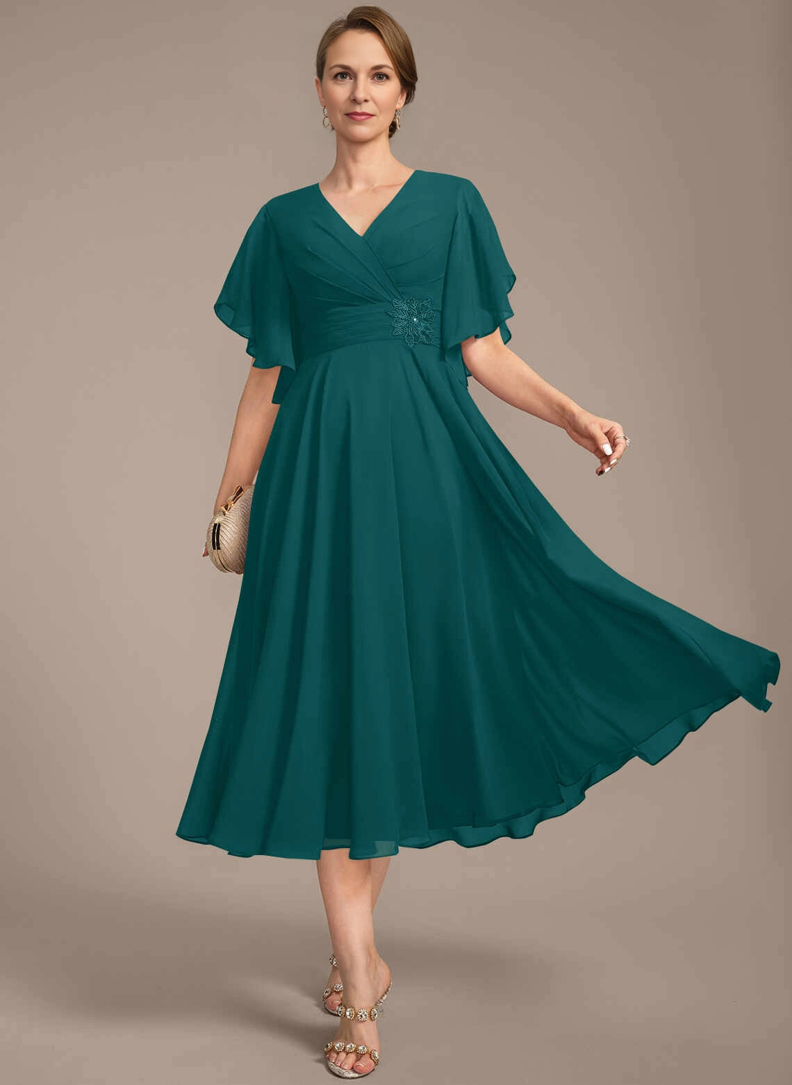 Modest A‑Line V‑Neck Flutter Sleeve Zipper Back Midi Mother Of The Bride Dress
