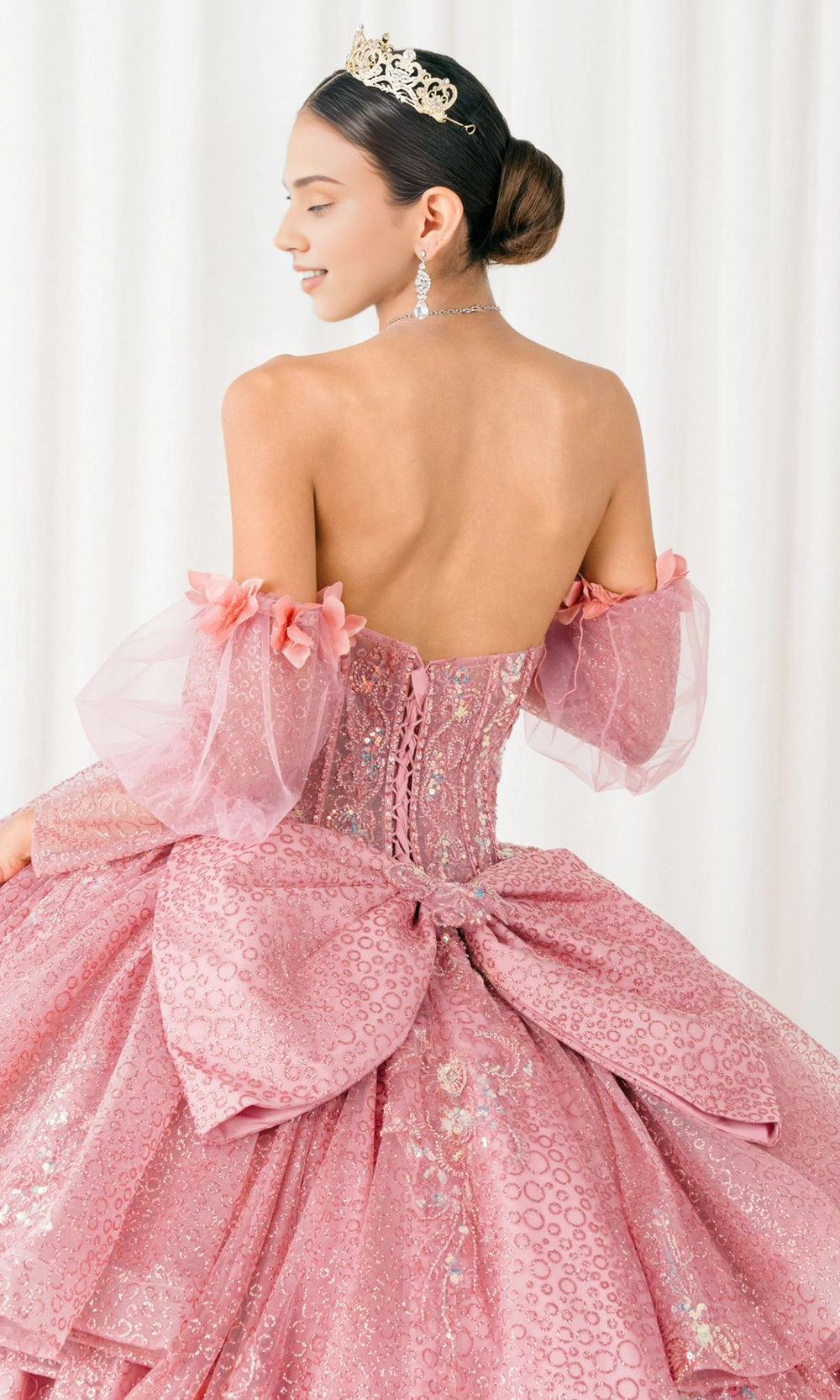 Dusty Pink Ball Gown Strapless Off‑Shoulder Puff Long Sleeves 3D Floral Big Bow Long Train Quinceanera Dress