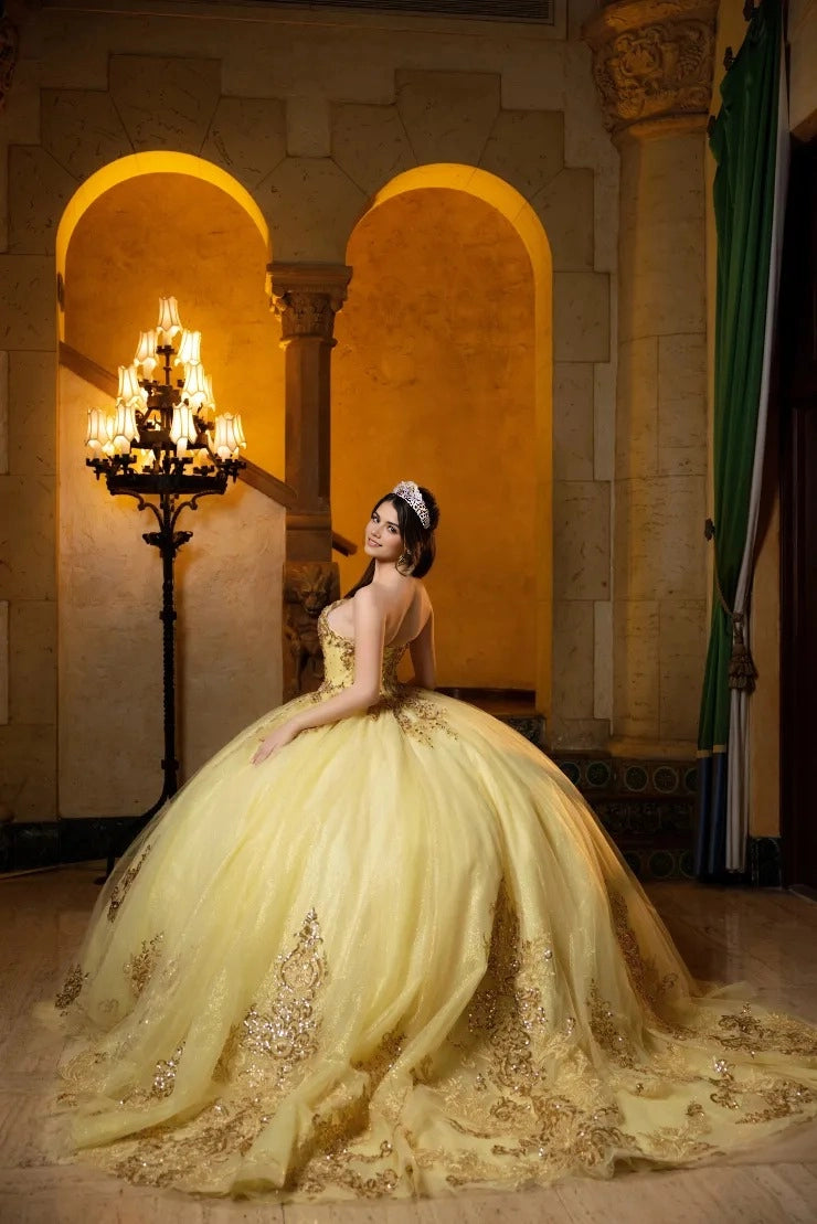 Pale Yellow Off Shoulder Ball Gown Lace-Up Back Court Train Quinceanera Dress