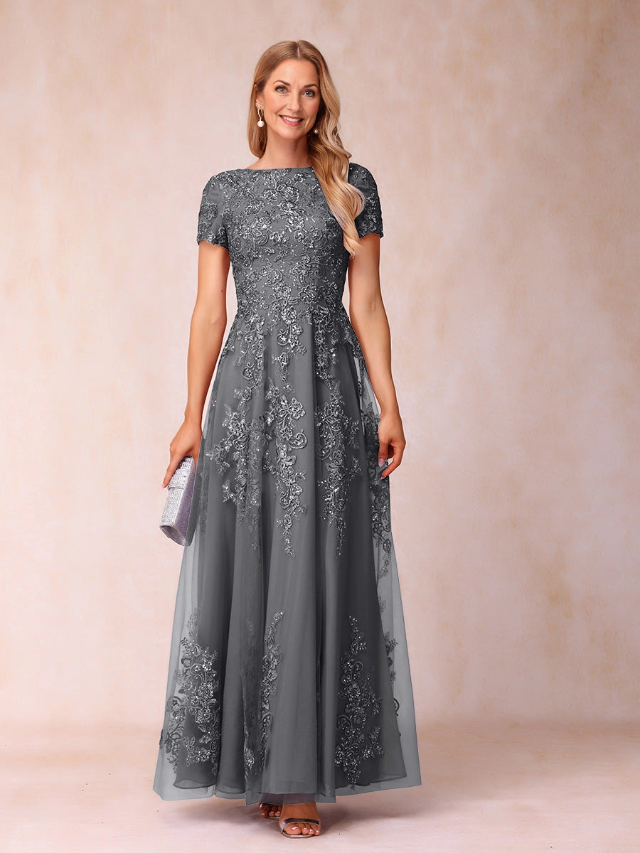 Elegant A Line Bateau Neck Short Sleeve V‑Back Floor Length Mother Of The Bride Dress