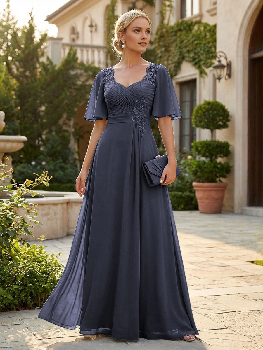 Graceful Dusty Blue A-Line Sweetheart Flutter-Sleeve Sweetheart-Back Floor-Length Mother Of The Bride Dress