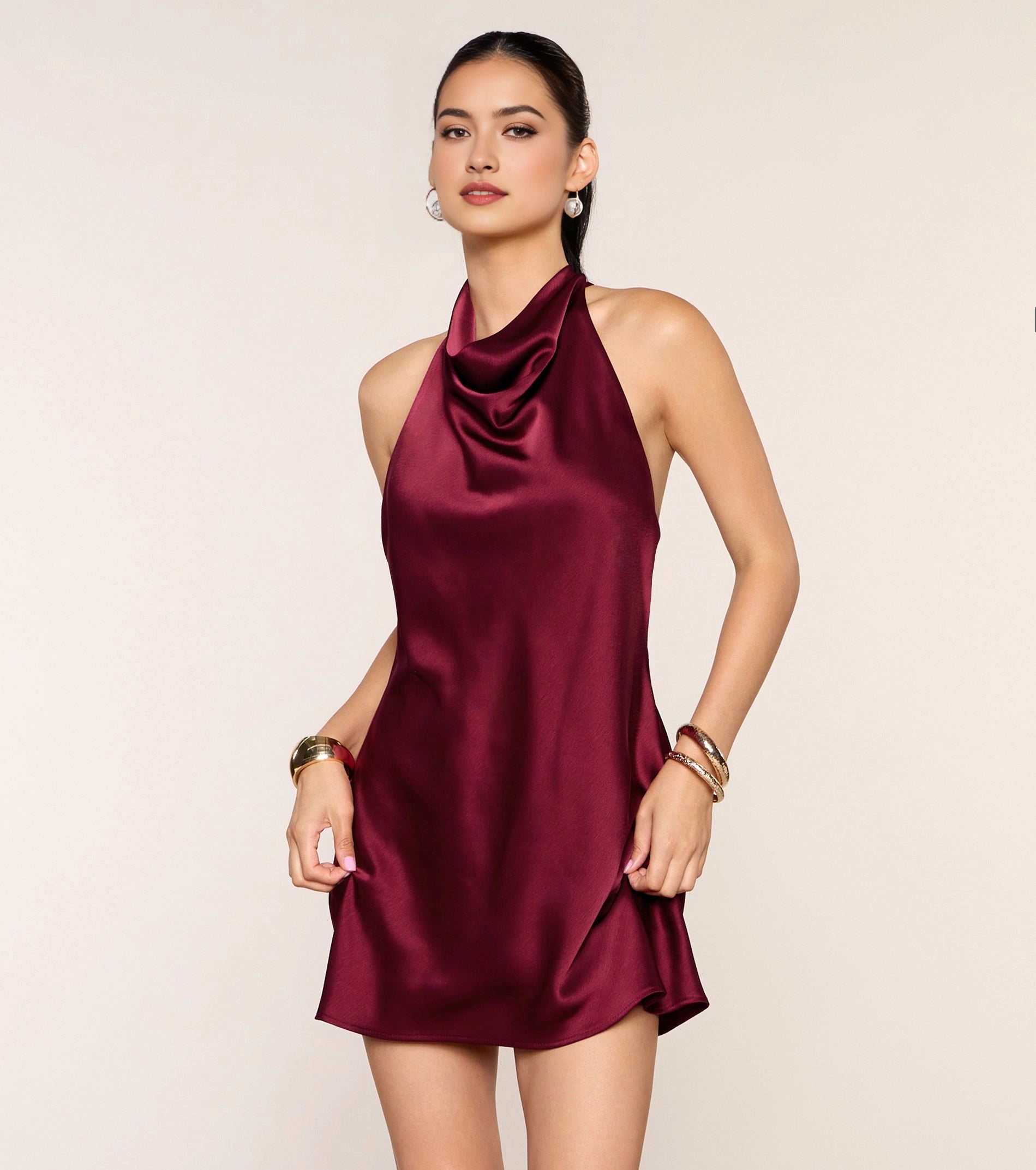 SageGreen Satin FitFlare Cowl Halter UBack Strap Mini Homecoming Dress