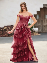 Off-the-Shoulder Lace Applique Tiered Tulle Evening Gown with High Slit - Formal Prom & Wedding Guest Dress