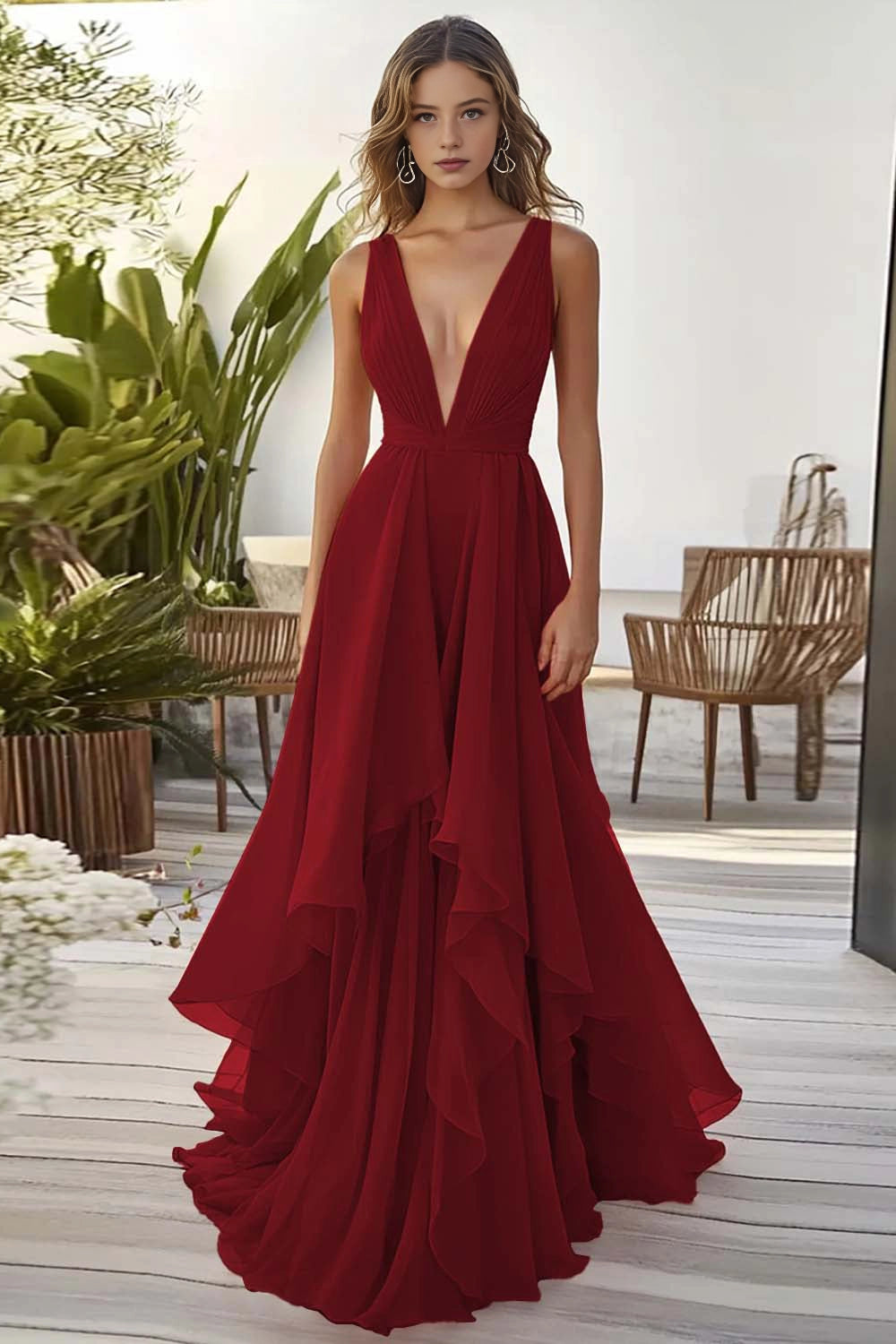 Flowy A Line Deep V Sleeveless Back Zip Train Maxi Wedding Guest Dress