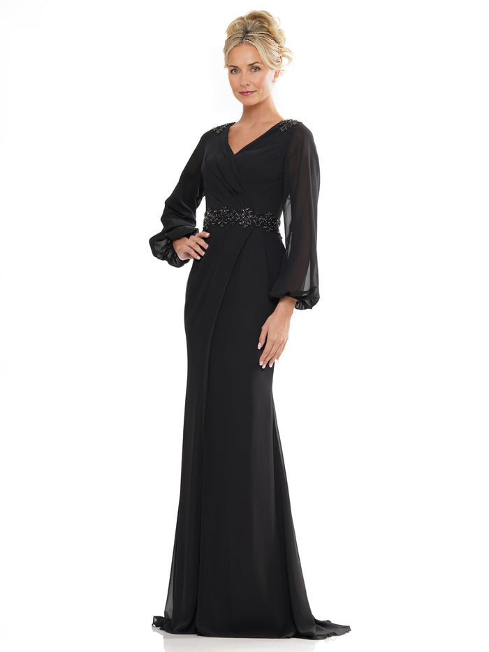 Women's V-Neck Long Sleeve Chiffon Mermaid Mother of the Bride Dress Evening Gown Sweep Train with Crystal Waist Belt