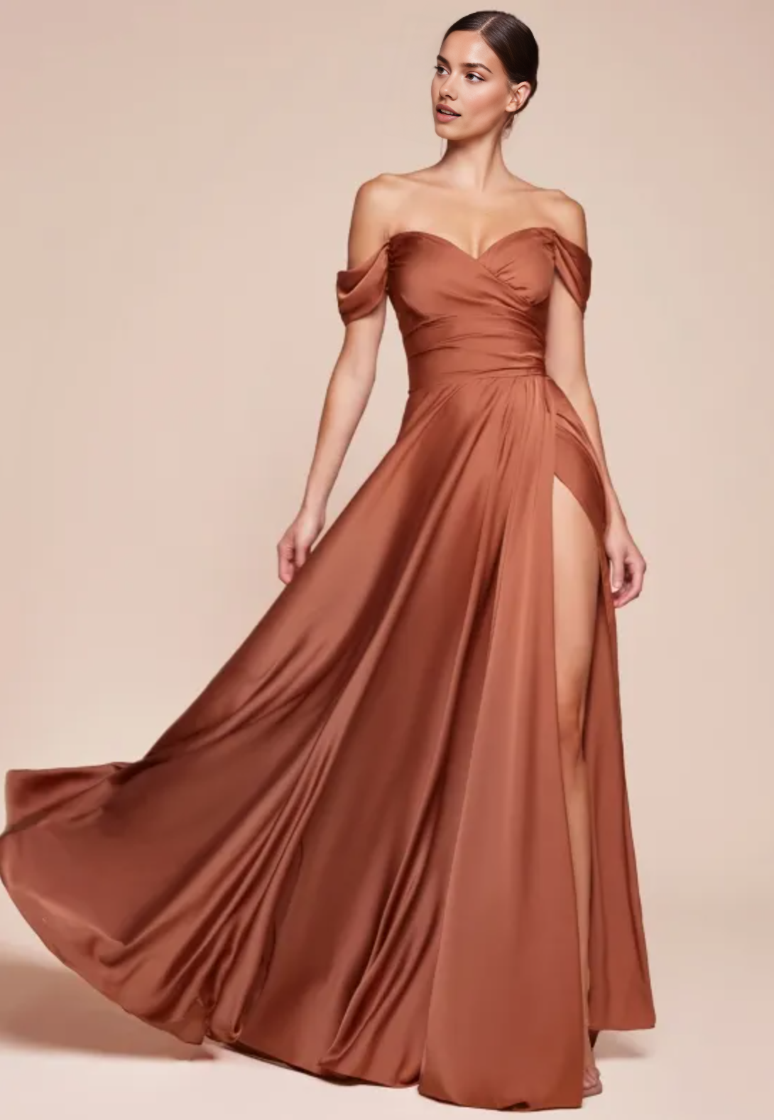 Elegant A-Line Floor length Satin Bridesmaid Dresses for Outdoor Off-Shoulder Satin Formal Gowns With Slit