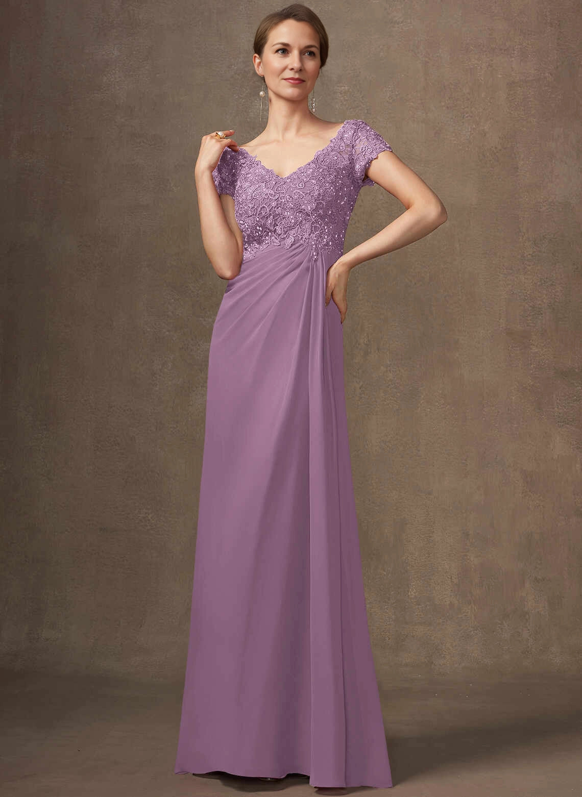 Elegant A‑Line V‑Neck Cap Sleeve Keyhole Back Floor‑Length Mother Of The Bride Dress