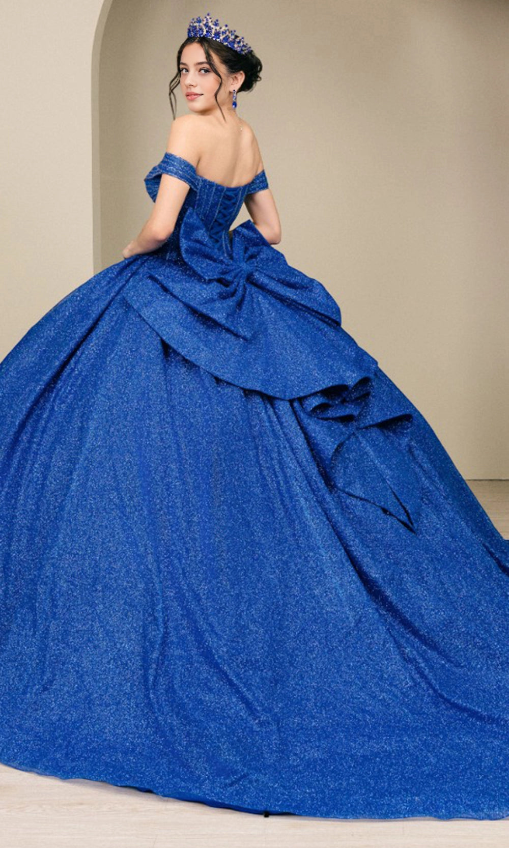 Luxurious Ball Gown Off‑Shoulder Short Sleeve Lace‑Up Back Cathedral Train Quinceanera Dress