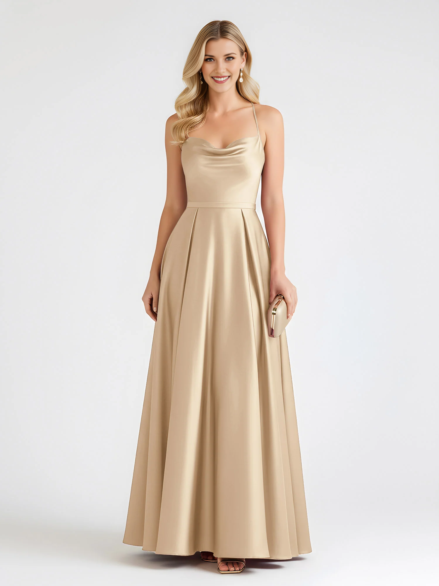 Vestido de dama de honor largo hasta el suelo de raso con cuello desbocado, tirantes finos y espalda cruzada