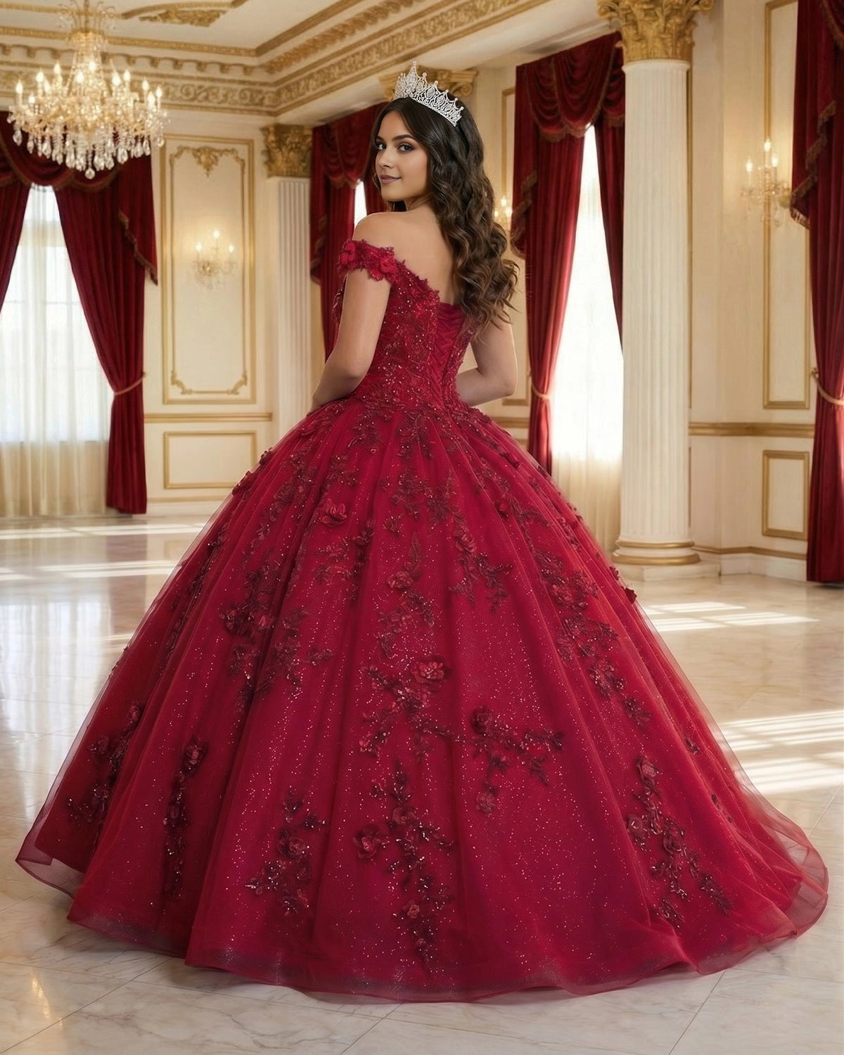 Vedress burgundy quinceanera ballgown back view, lace up corset back, glitter tulle floor length skirt with 3D flowers