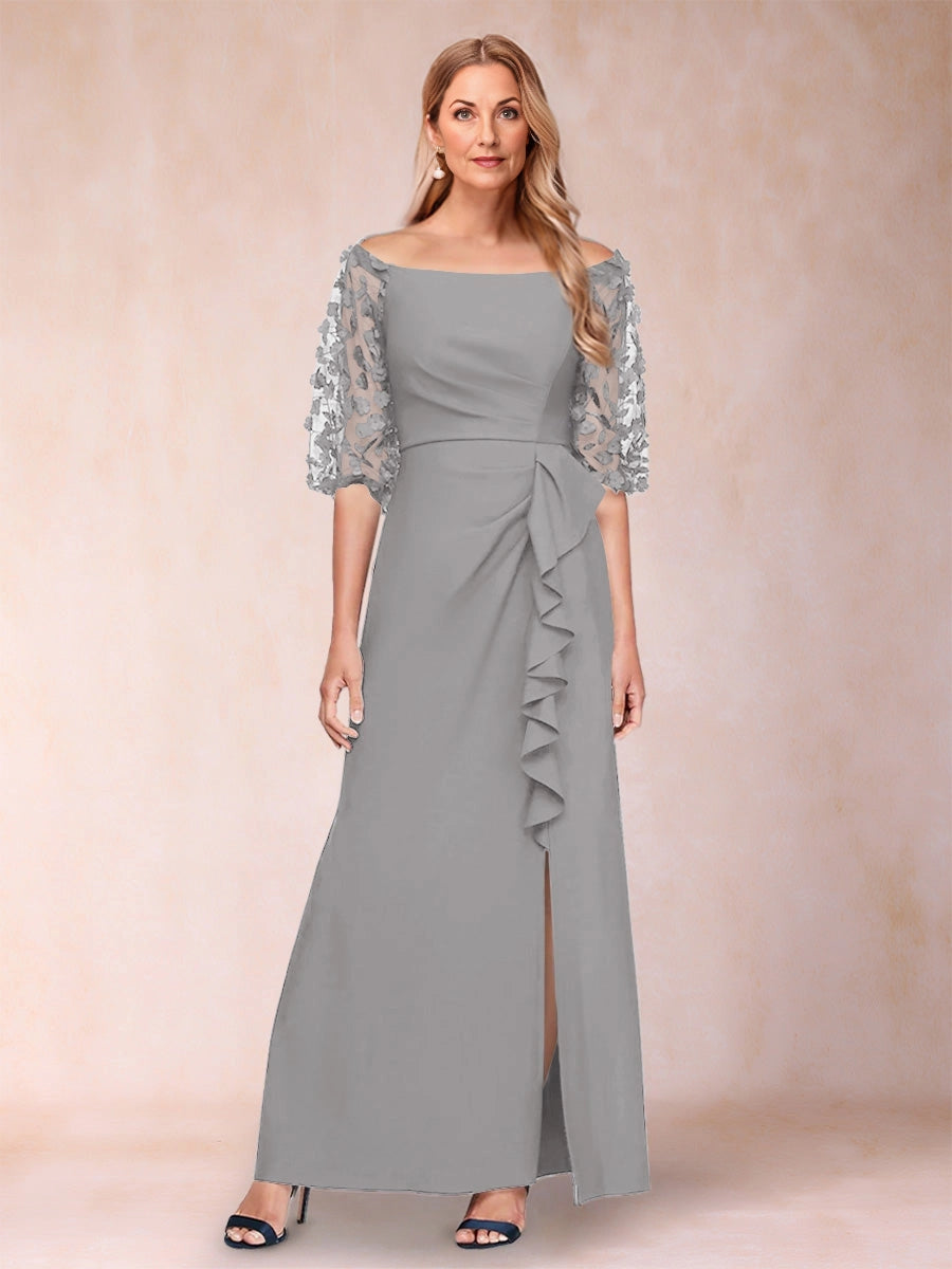Elegant A Line Off The Shoulder 3D Floral Sleeves Zip Back Floor Length Mother Of The Bride Dress