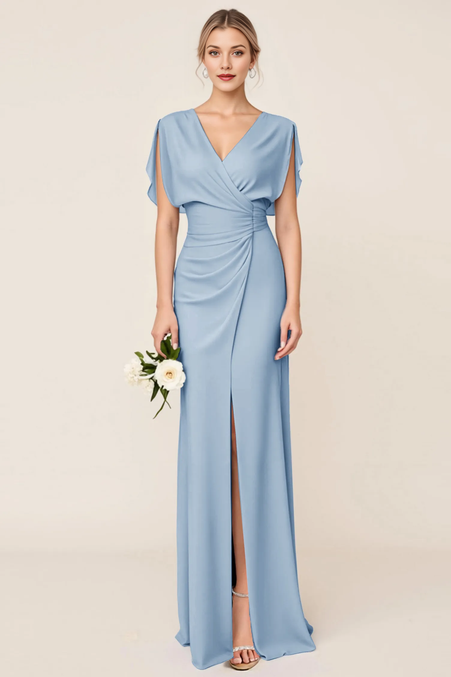 V-Neck Draped Sleeve Chiffon Bridesmaid Dress with Ruched Waist & Slit