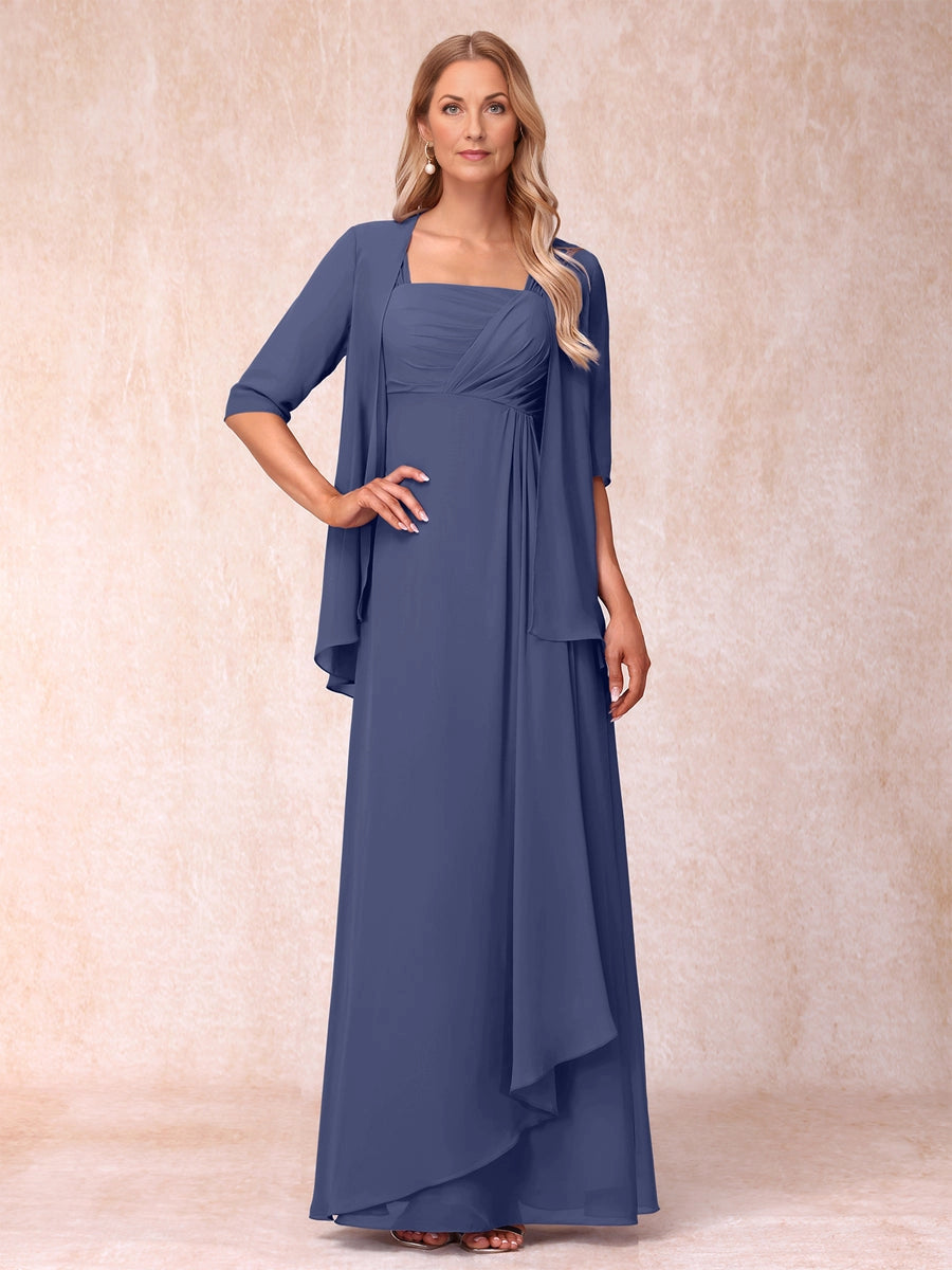 Elegant A Line Square Neck 3/4 Sleeve Open Back Floor Length Mother Of The Bride Dress