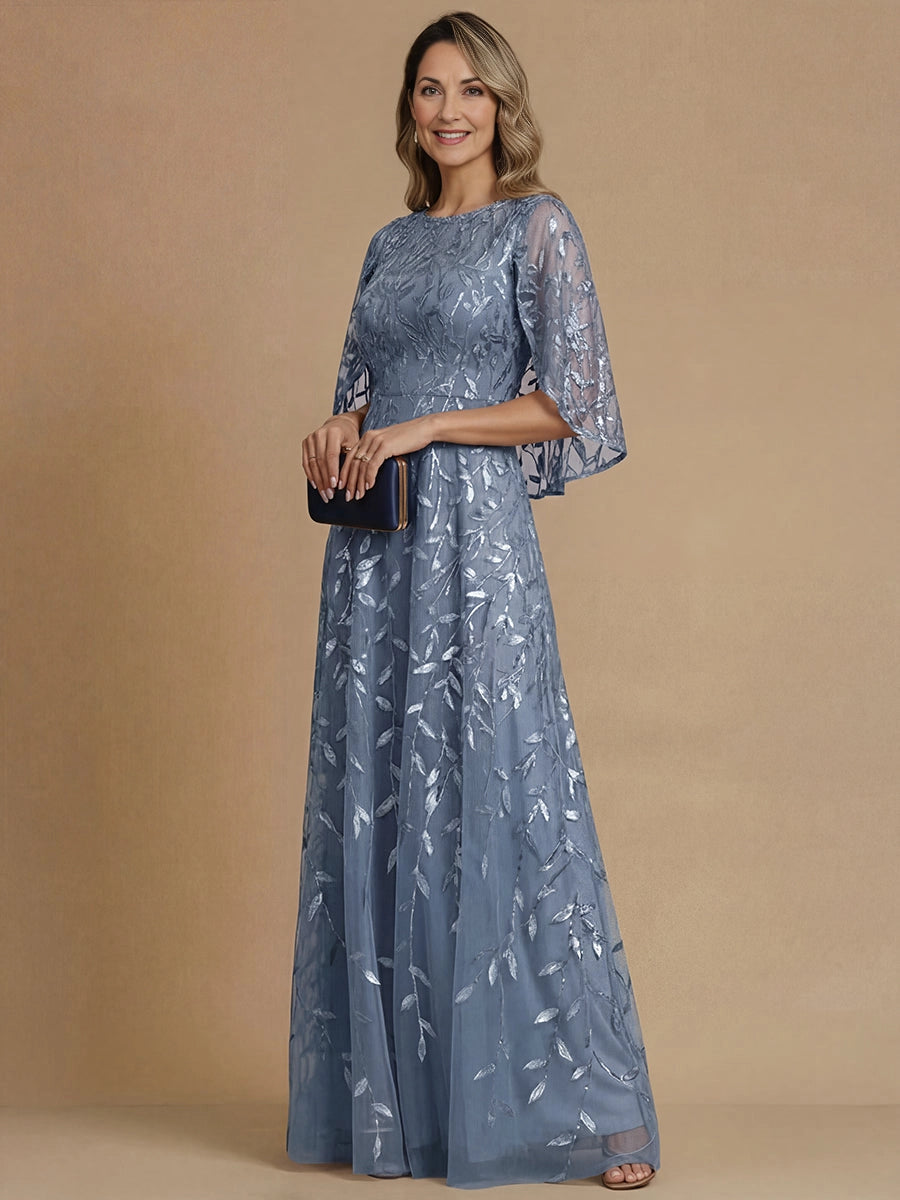 Elegant A‑Line Round‑Neck Cape‑Sleeve Cowl‑Back Long Mother‑of‑the‑Bride Dress