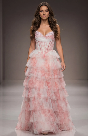 A-Line Princess Tiered Ball Gown Sweetheart Strapless Zippered Back Floor-Length Prom Dress