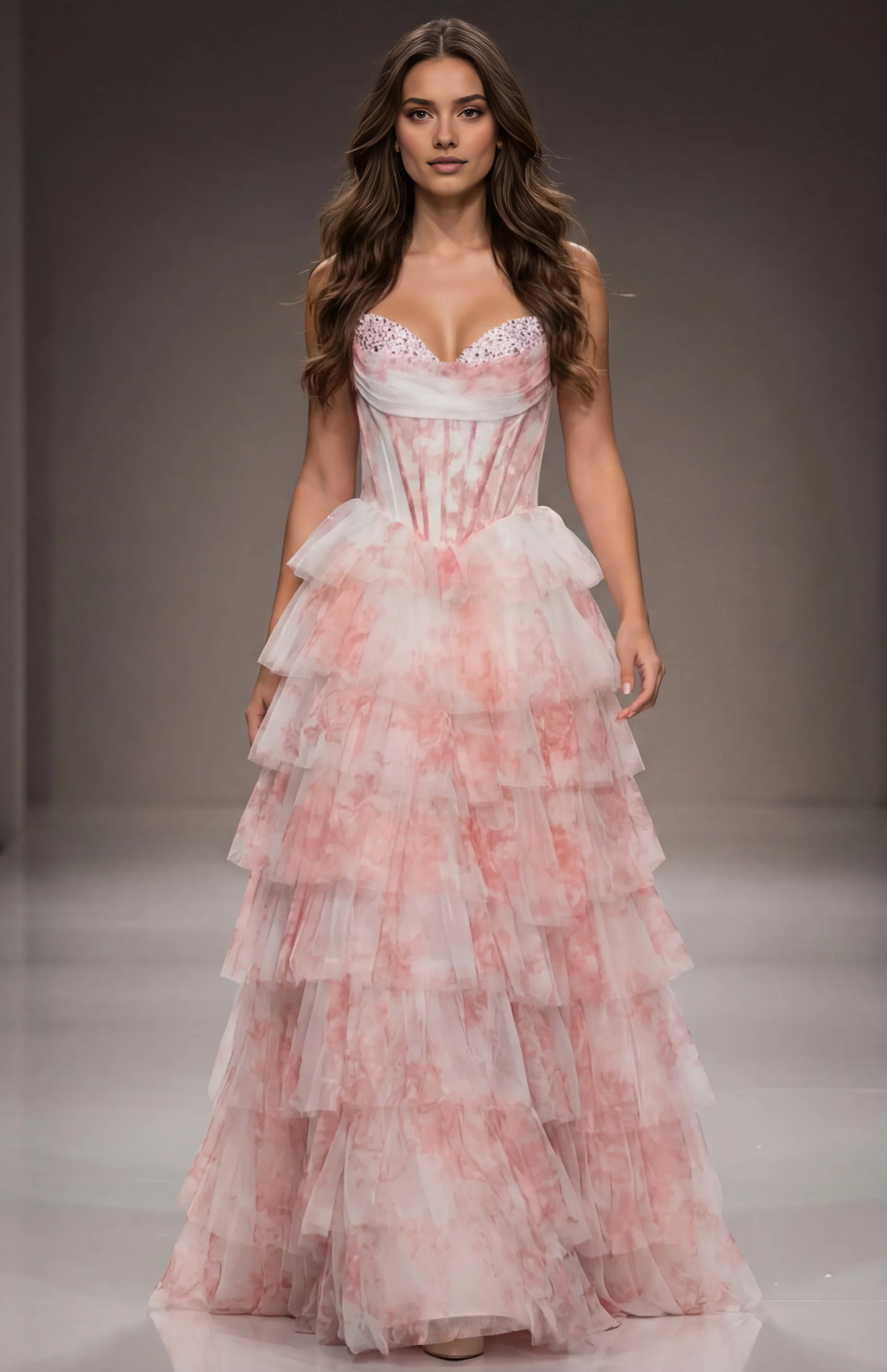 Vestido de fiesta de corte princesa en línea A con volantes, escote corazón, sin tirantes, espalda con cremallera y hasta el suelo
