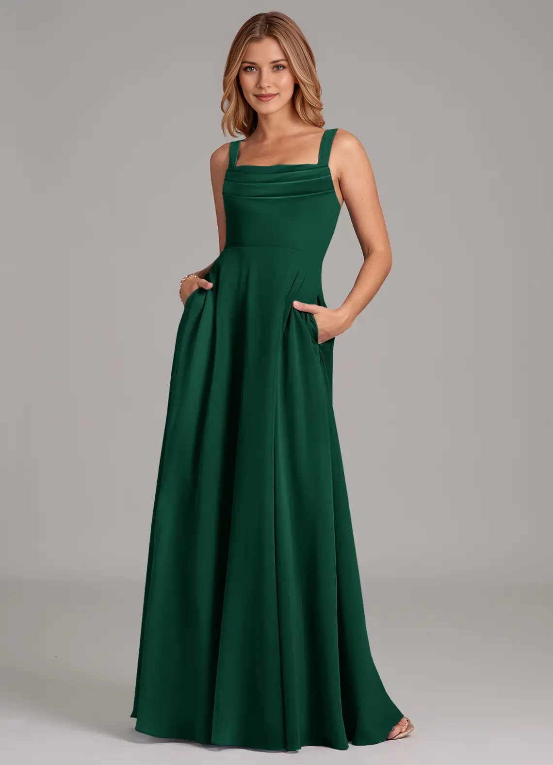 Square Neck Pleated Bodice Chiffon A-Line Floor-Length Bridesmaid Dress with Pockets