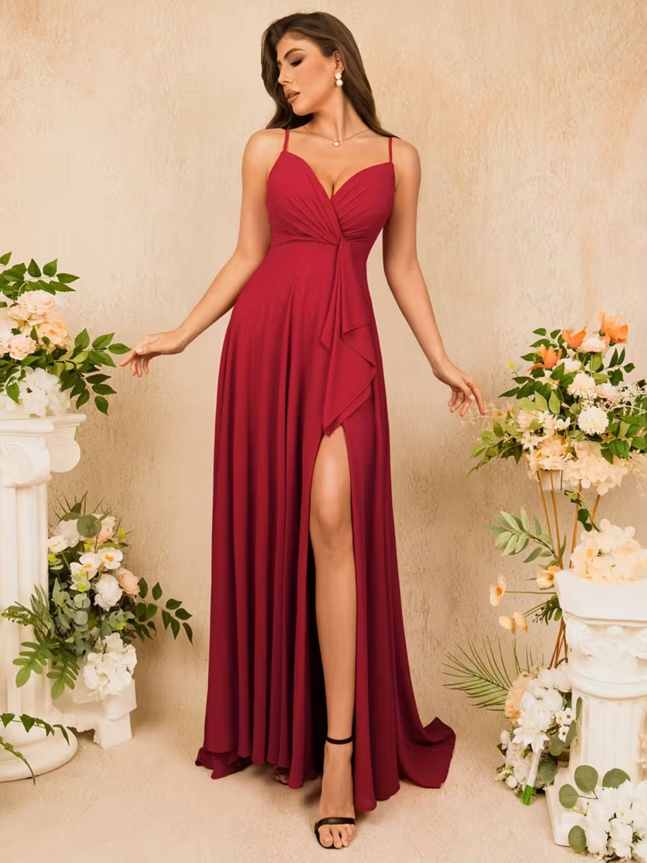 Vestido largo elegante con tirantes finos, cuello en V pronunciado y abertura para mujer, vestidos de noche formales, vestidos de dama de honor