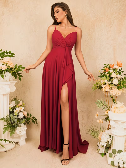 Women's Elegant Deep V-Neck Spaghetti Strap Slit Maxi Dress Formal Prom Dresses Bridesmaid Dresses