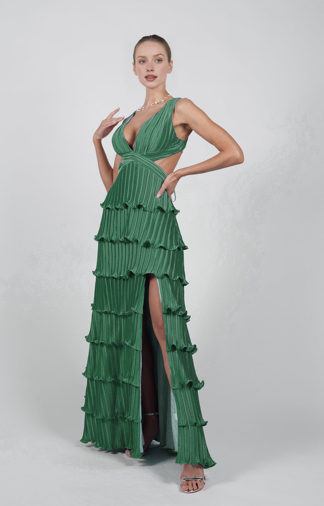 Glamorous Tiered A-Line Deep V-Neck Sleeveless Open Back Floor-Length Evening Gown