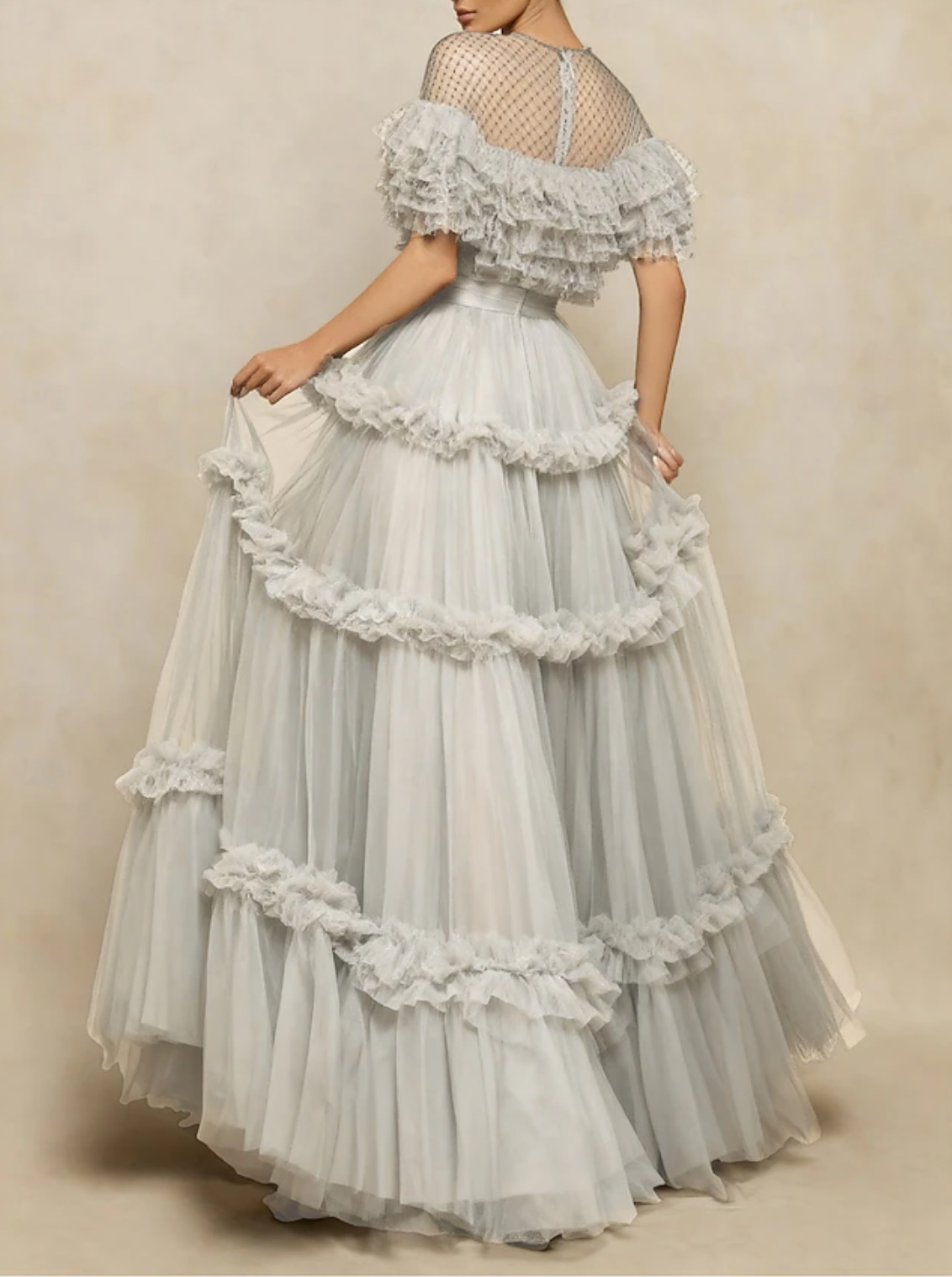 Vestidos de Fiesta de Princesa con Línea A Elegantes de Manga Corta Cuello Joya de Tul Formal con Pliegues y Volantes