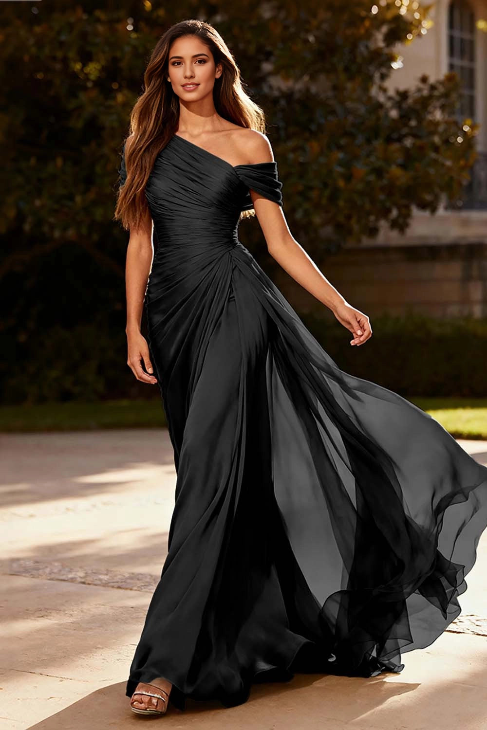 Flowy A-Line One Shoulder Off Shoulder Ruched Back Zip Maxi Wedding Guest Dress